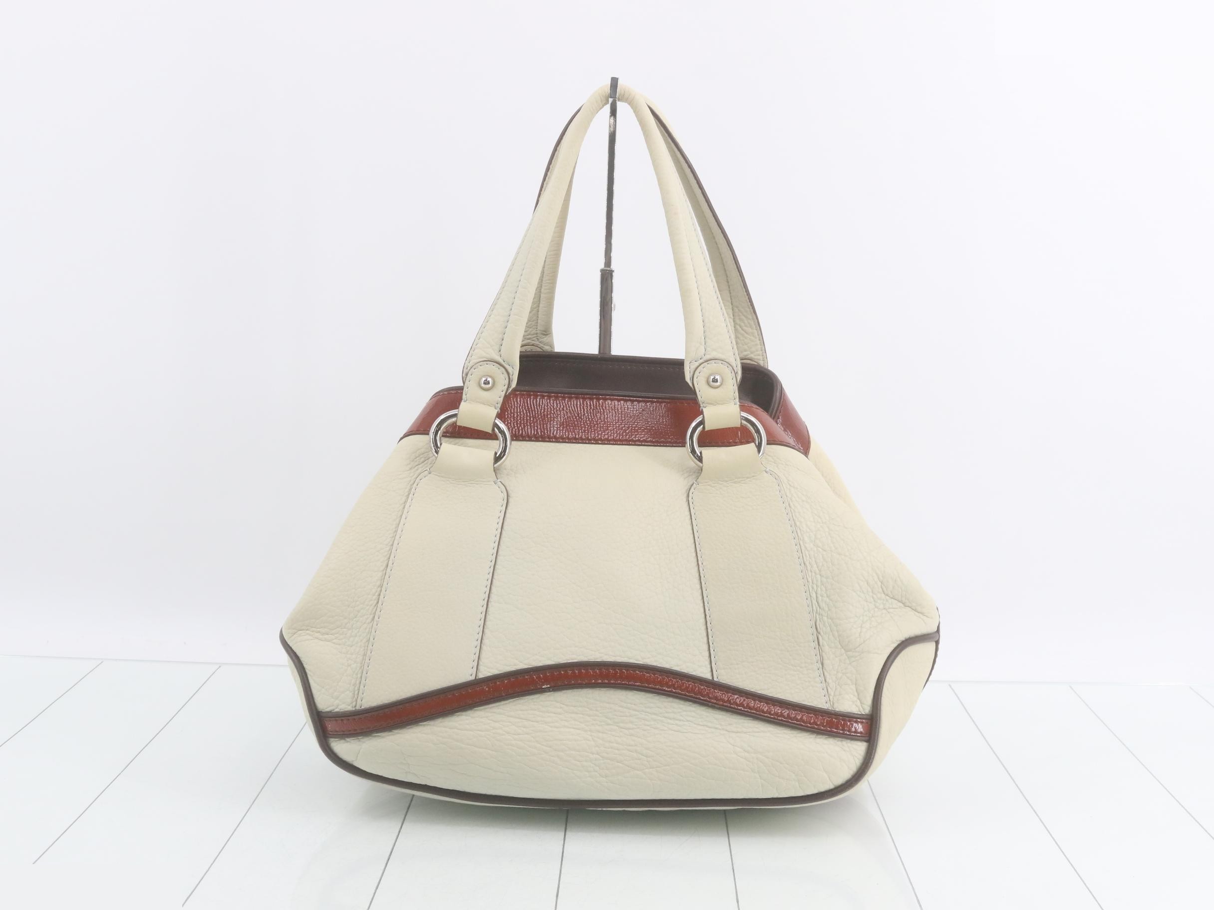 Leather tote bag, ivory x brown — view 2