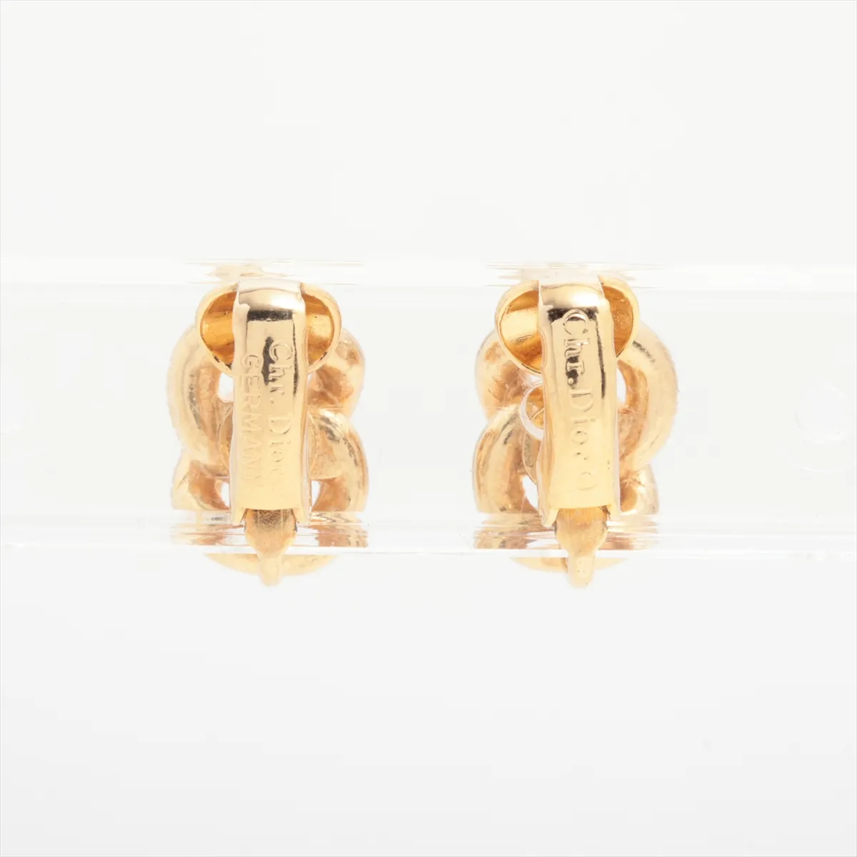 earrings (for both ears), gold-plated with rhinestones. Shows signs of wear, including — view 2