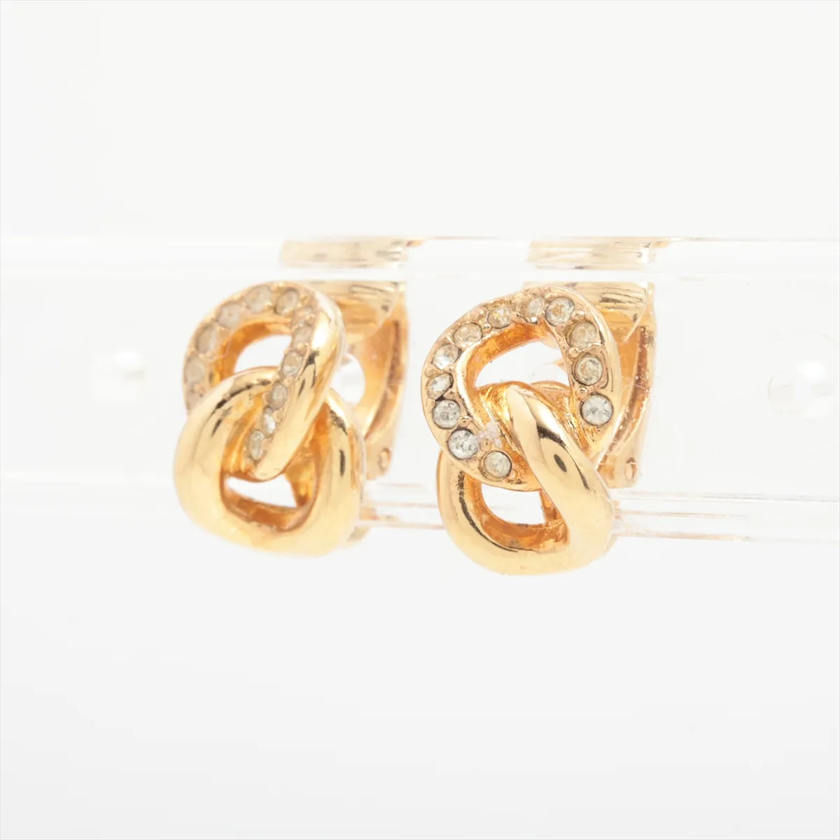 earrings (for both ears), gold-plated with rhinestones. Shows signs of wear, including — view 3