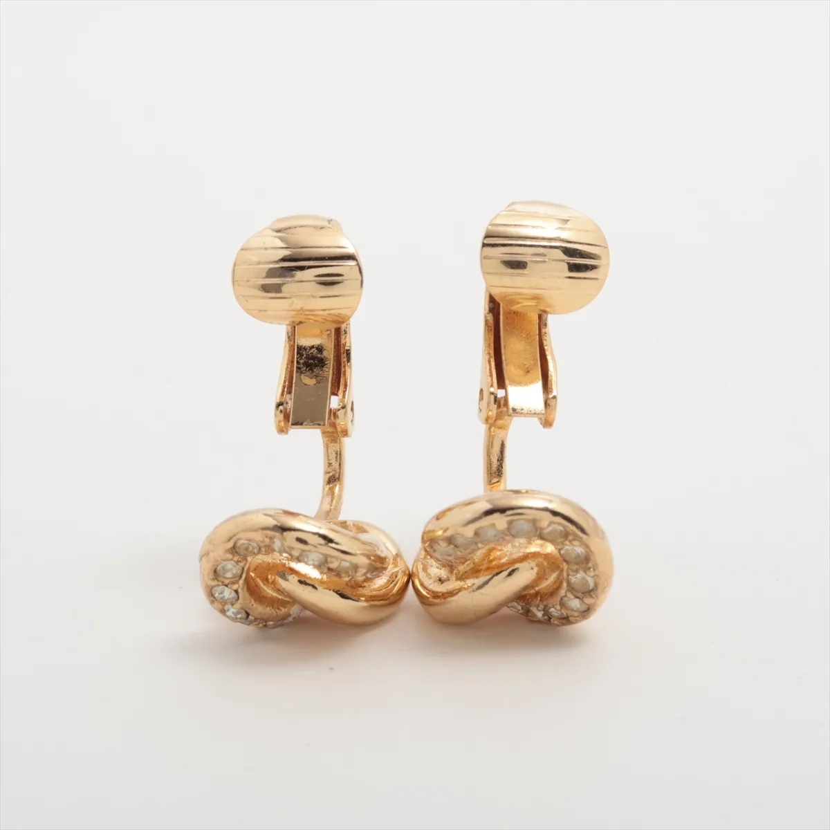 earrings (for both ears), gold-plated with rhinestones. Shows signs of wear, including — view 4