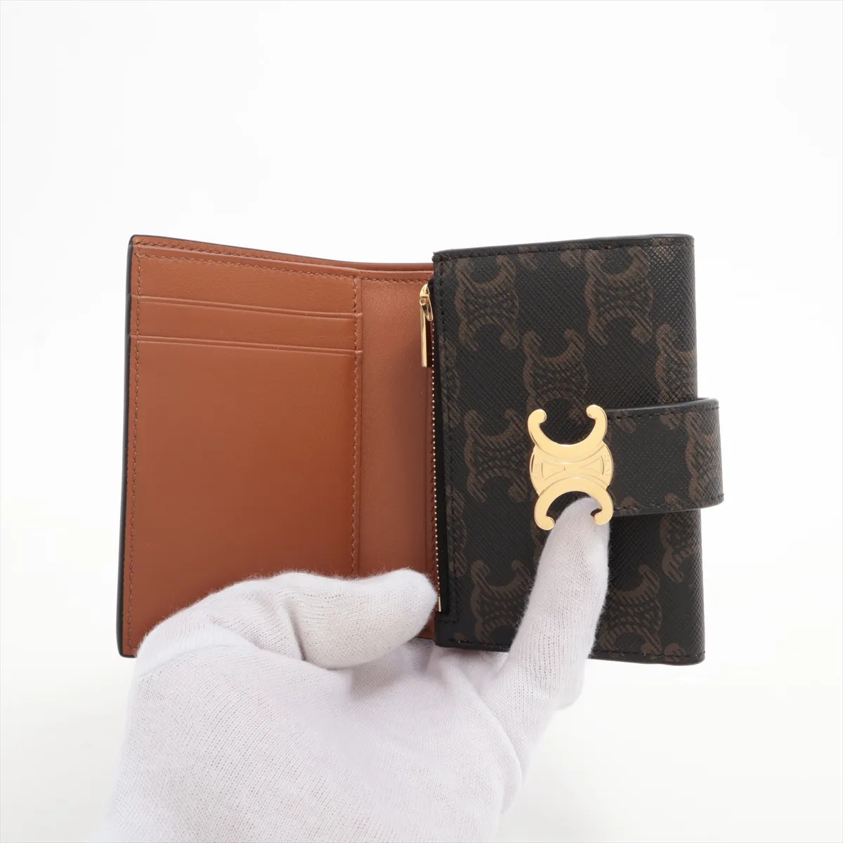 Triomphe Fine Strap Wallet Leather Compact Wallet Brown — view 3