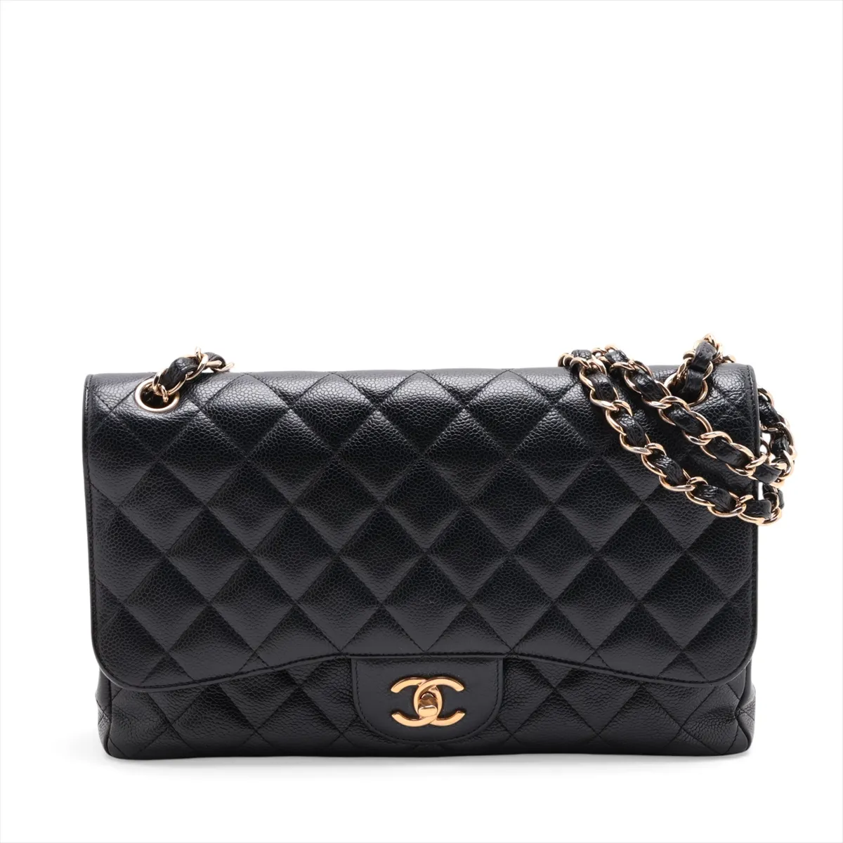 Large Matelassé 30 Caviar Skin Double Flap Double Chain Bag, Black with Gold Hardware, 19643429, Serial Number 19-series, A58600