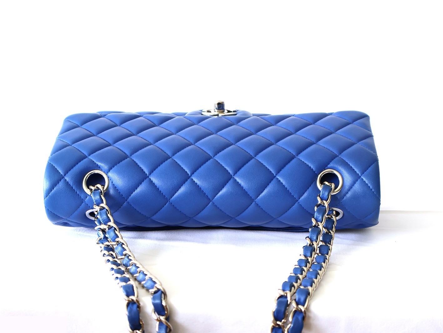 Matelassé 25 Lambskin Double Flap Double Chain Shoulder Bag, Blue — view 8