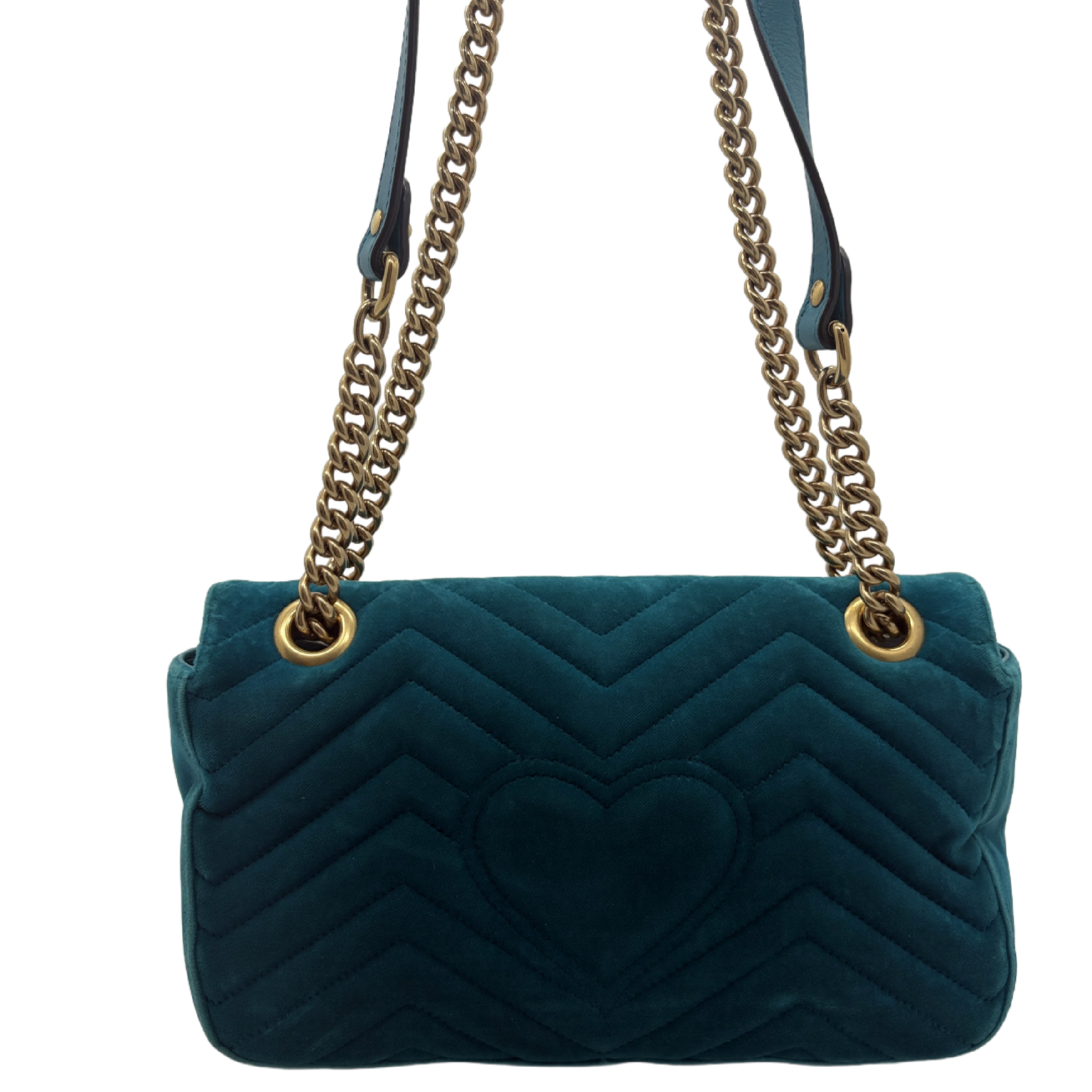 GG Marmont Matelassé Velvet Quilted Chain Shoulder Bag, Blue-Green with Gold Hardware. — view 2