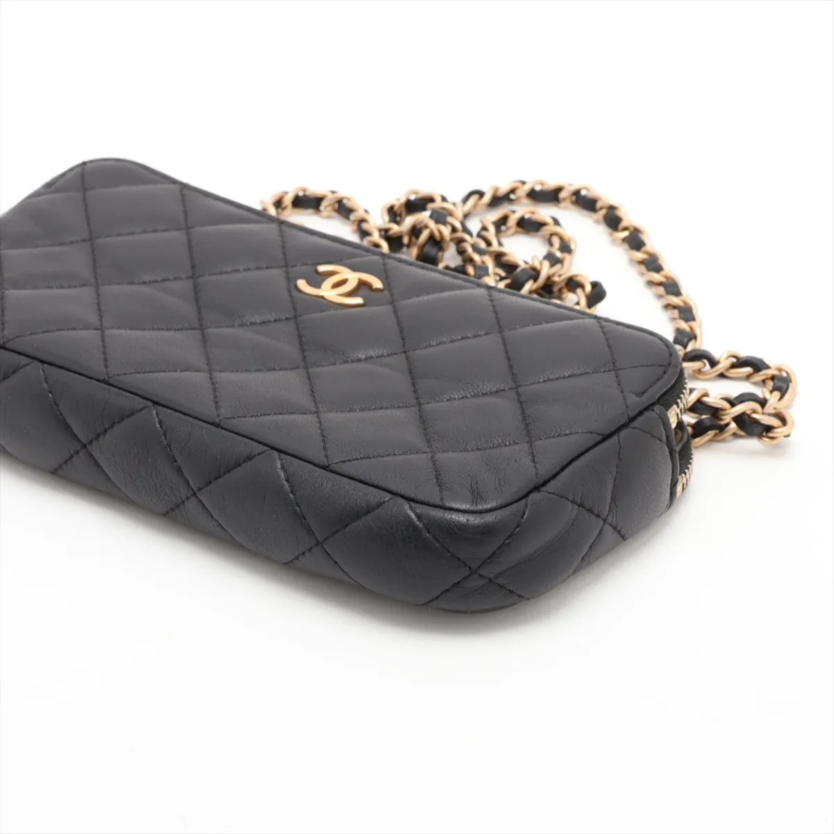 Matelassé Lambskin Chain Wallet, Black with Gold Hardware, 28039480, Serial Number 28 — view 3