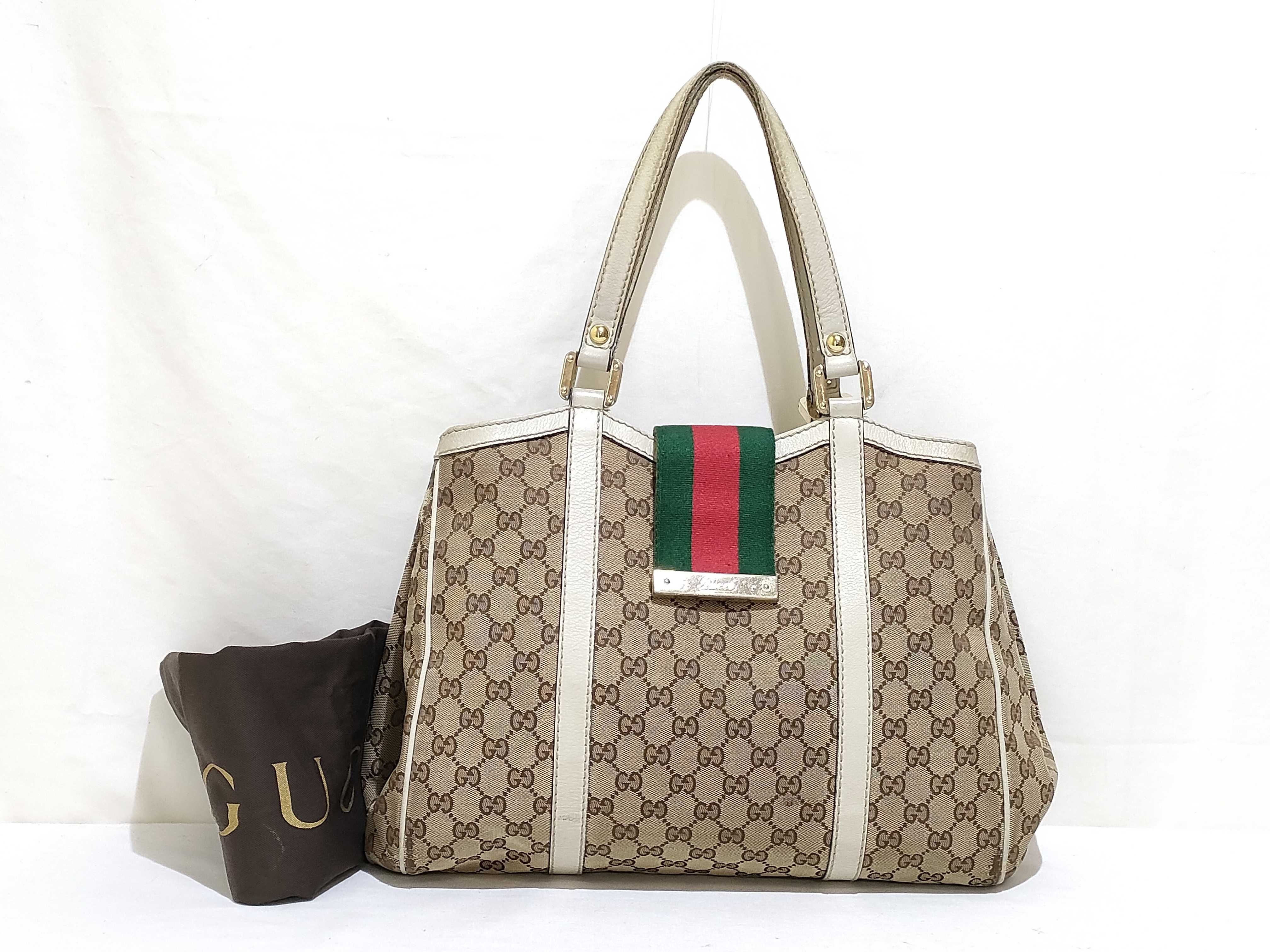 GG Canvas Tote Bag, Gucci 233609, GG Canvas Sherry Line, Leather, White, Brown Tote Bag