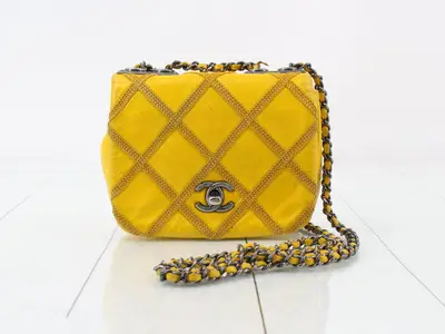 Wild Stitch Leather Double Chain Shoulder Bag, Yellow
