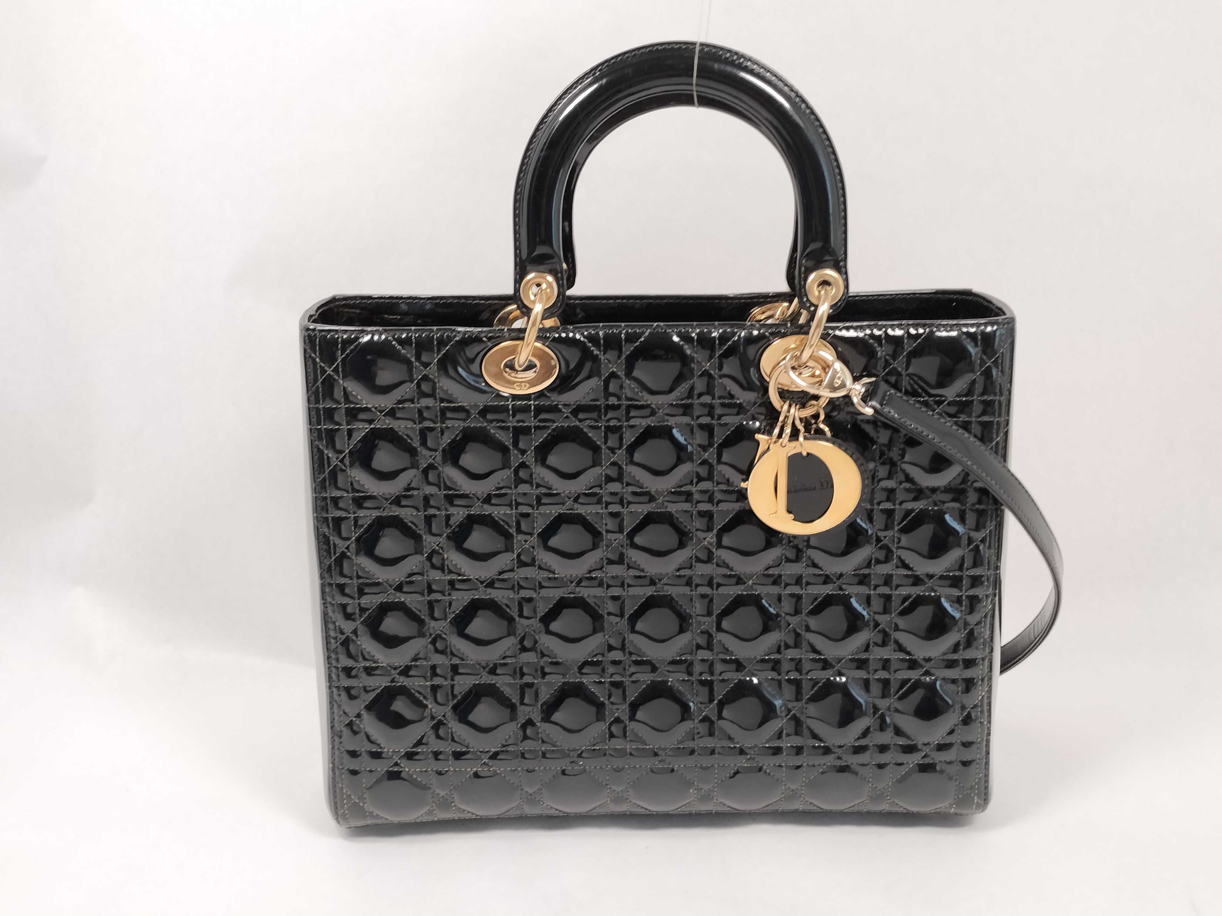Lady Dior Christian Lady Cannage Large Patent Leather 2-Way Handbag Black Handbag