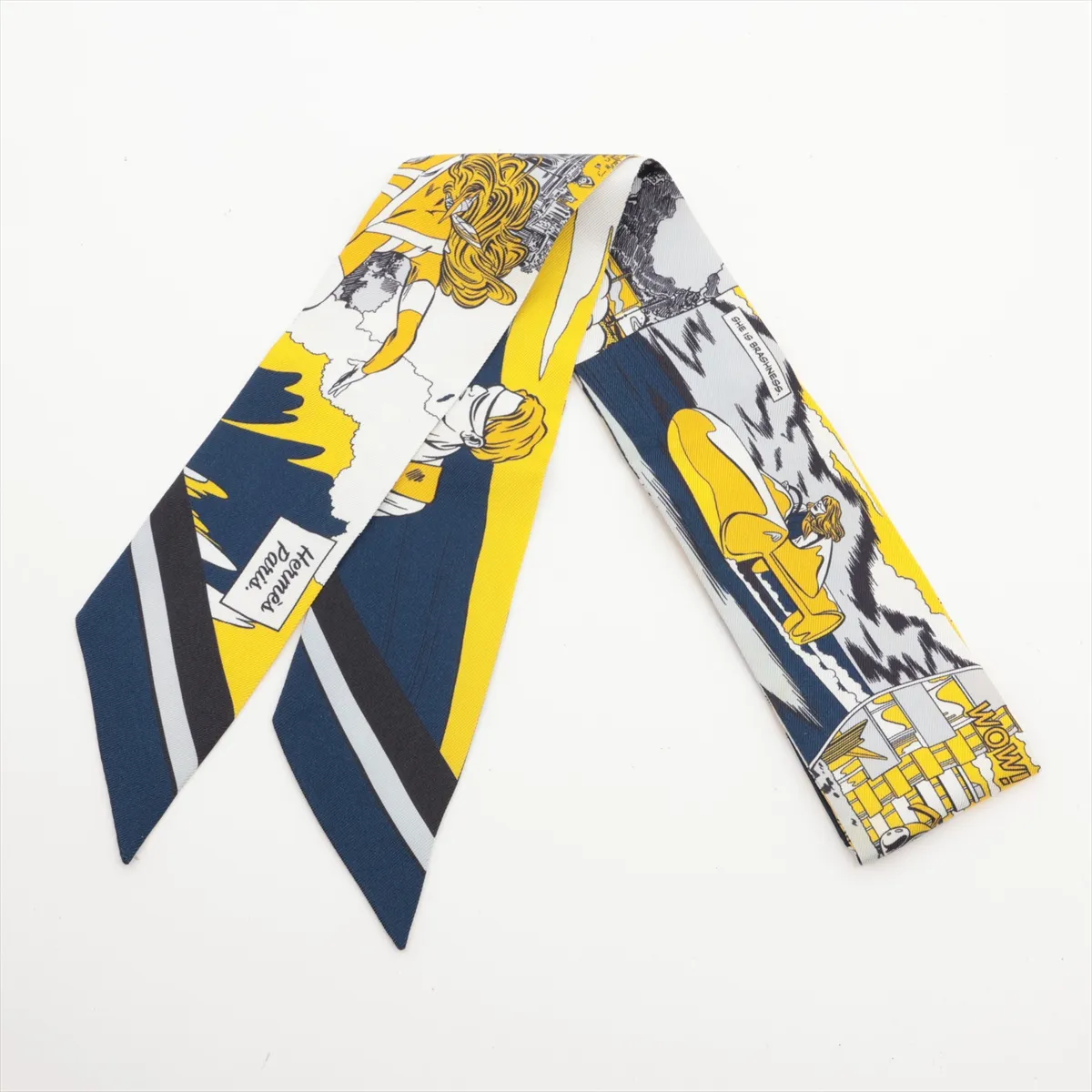 Twilly WOW scarf, silk, yellow, some wear, snags, fraying.