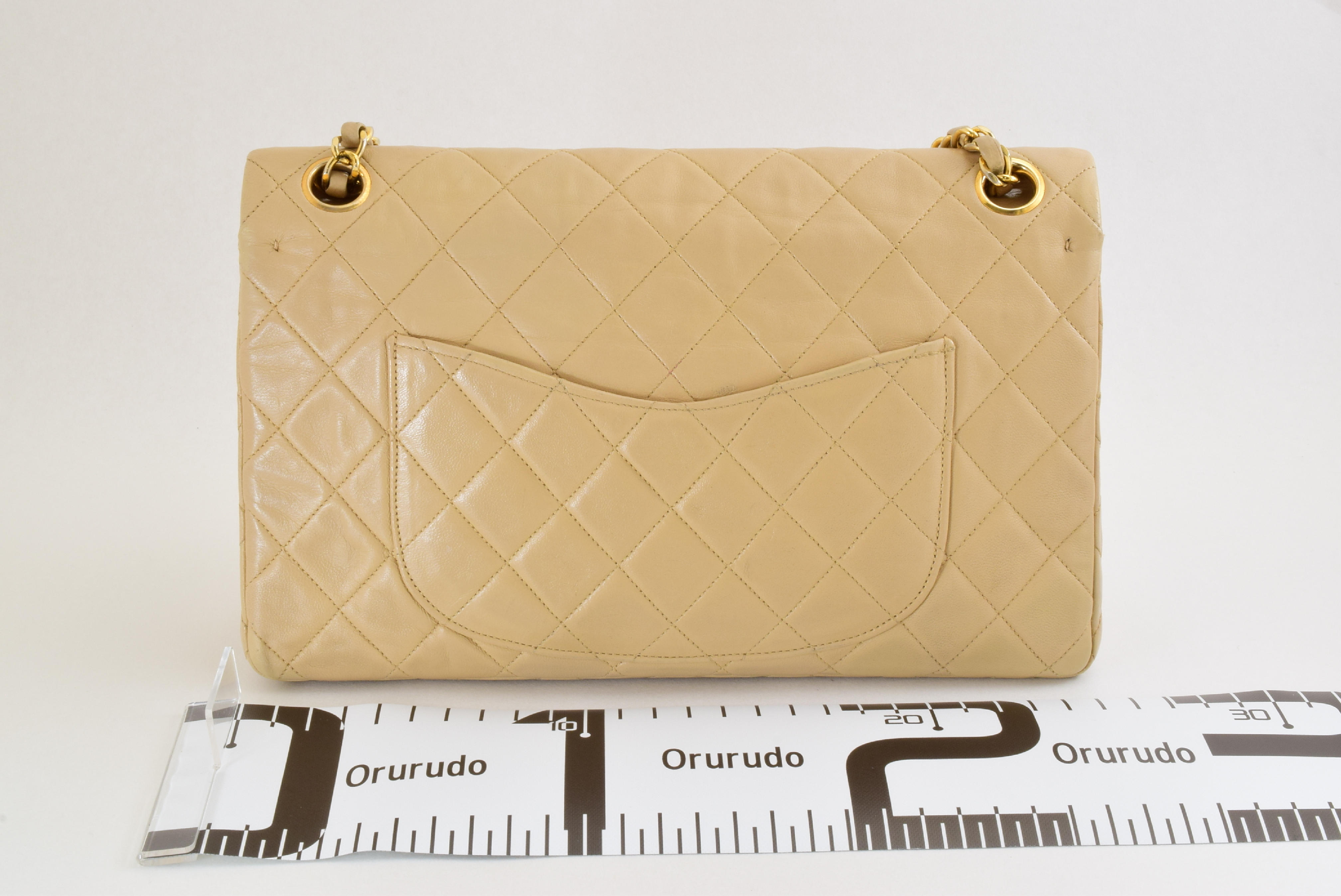 Matelassé Double Chain Double Flap Beige Lambskin Shoulder Bag — view 2