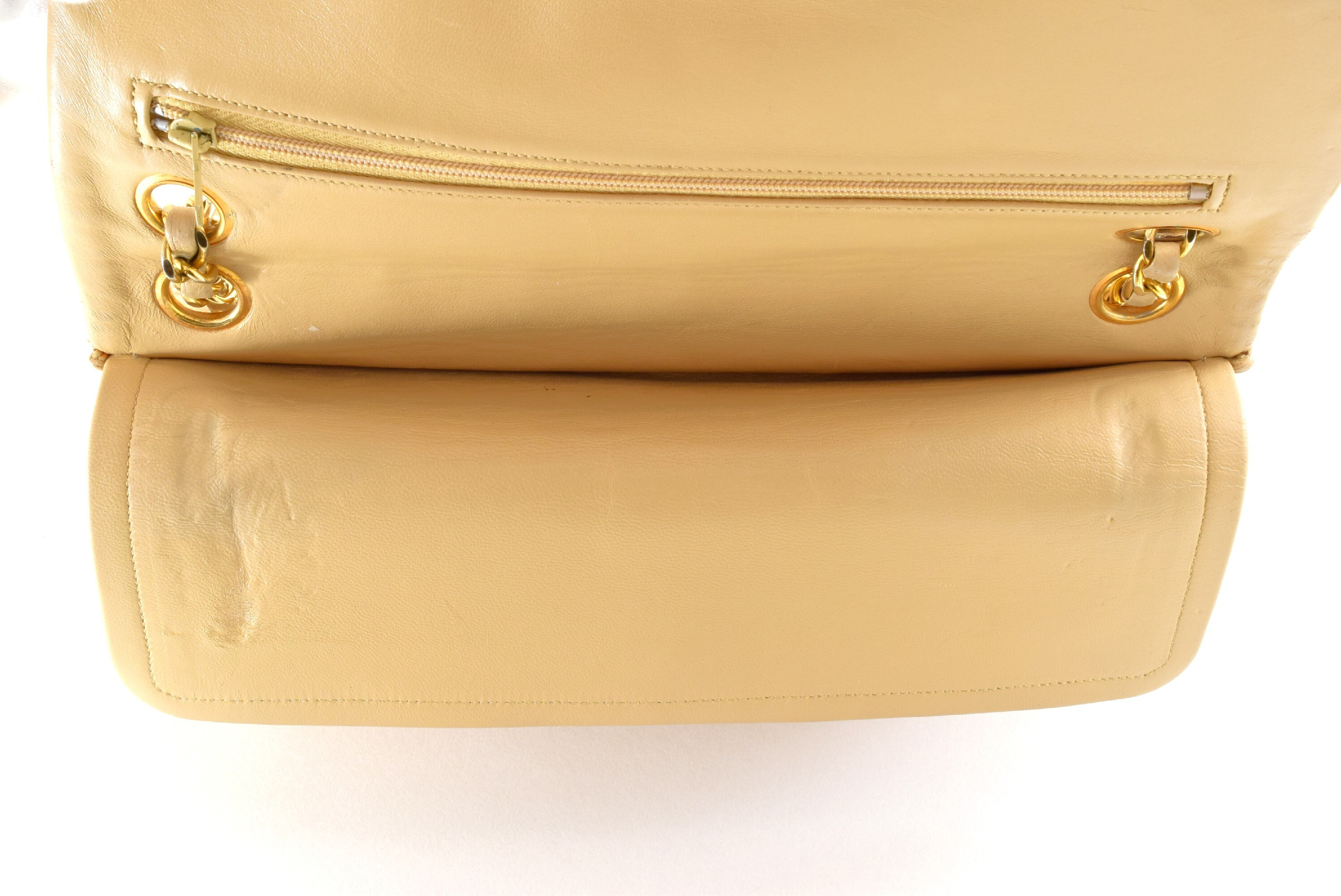 Matelassé Double Chain Double Flap Beige Lambskin Shoulder Bag — view 12