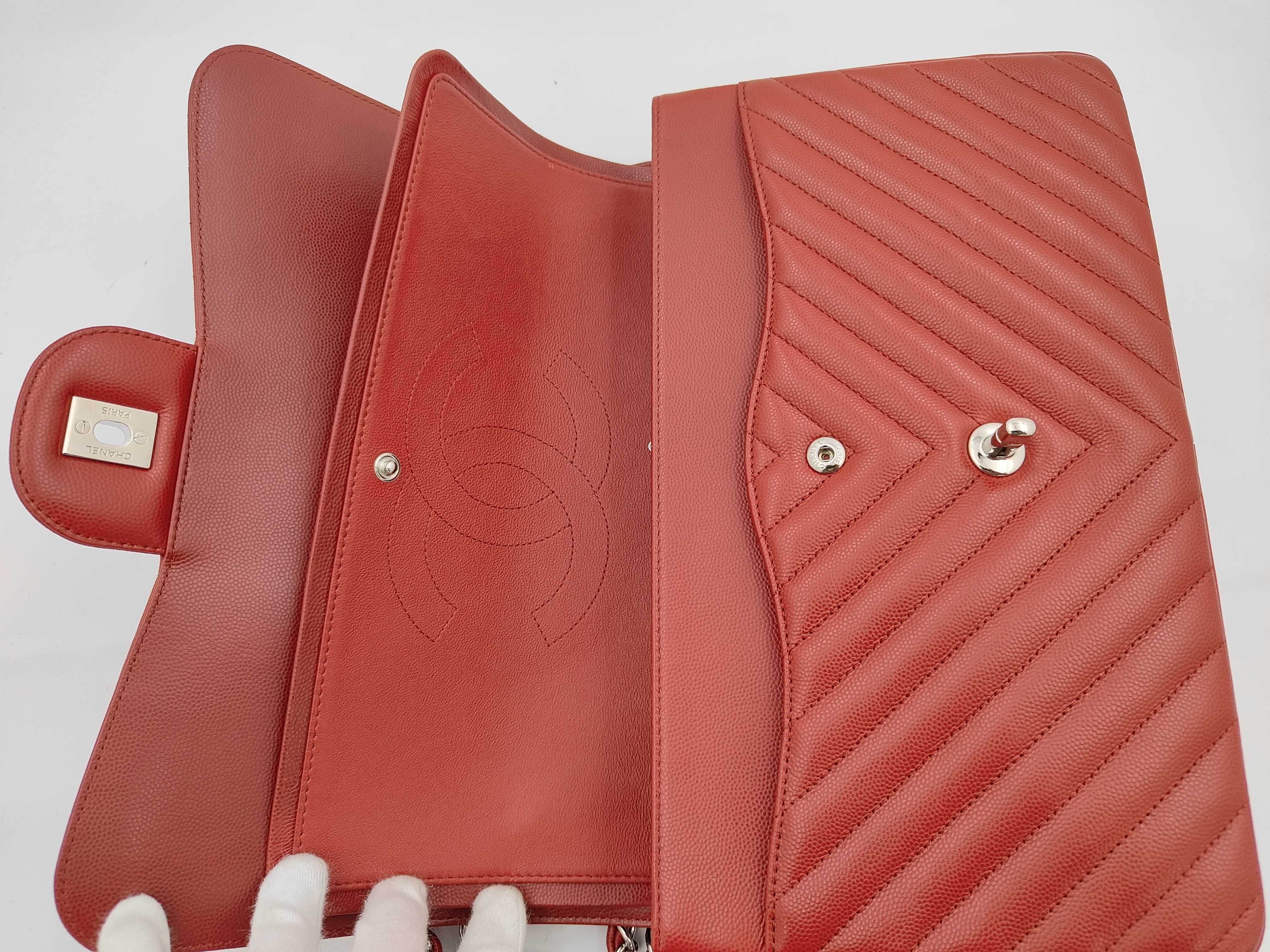 Matelassé 30 Double Flap V-Stitch Chain Shoulder Bag, Caviar Leather, Red — view 13