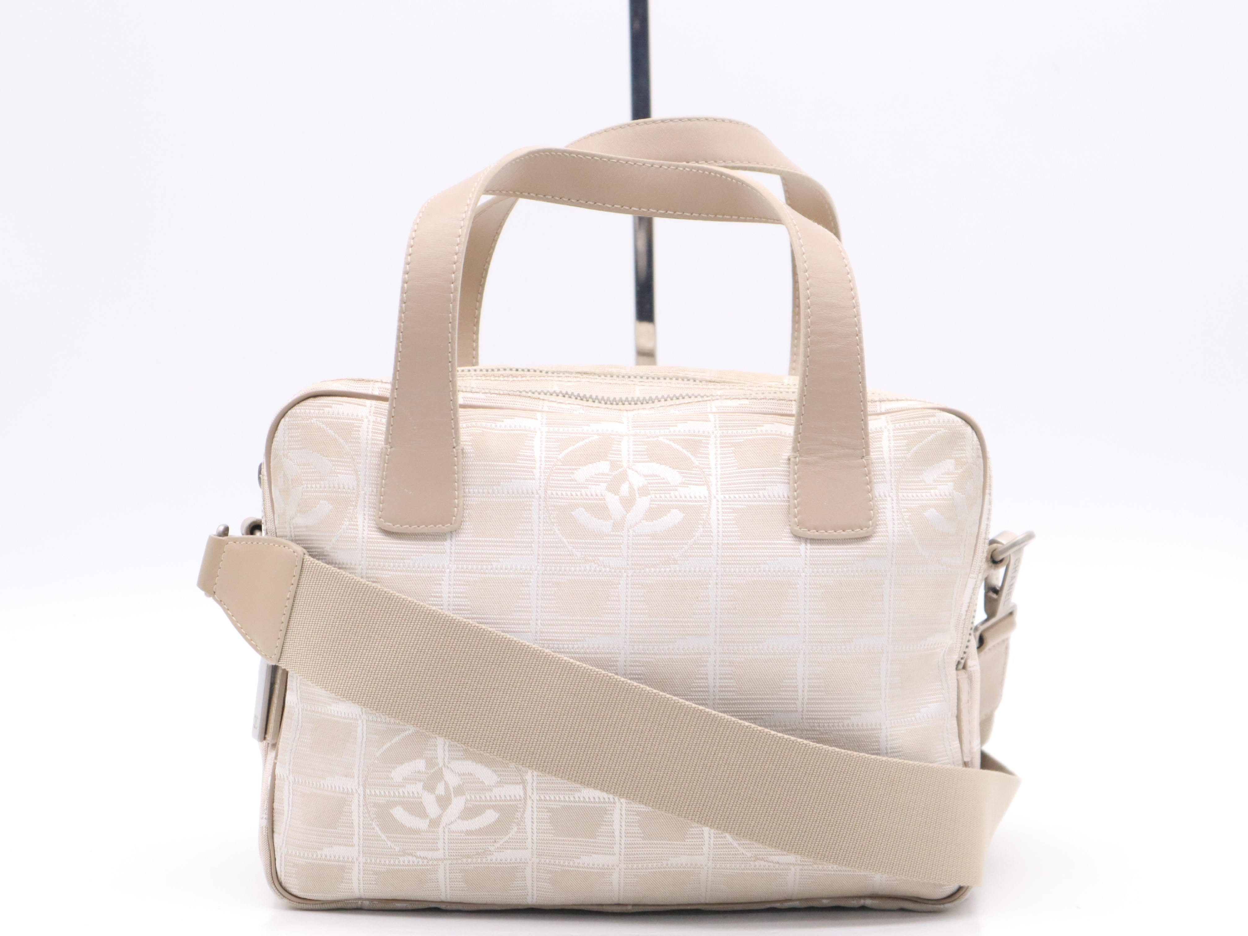 Nylon x Leather New Travel 2-Way Handbag, Beige, Silver Hardware, Shoulder Strap & Seal Included.