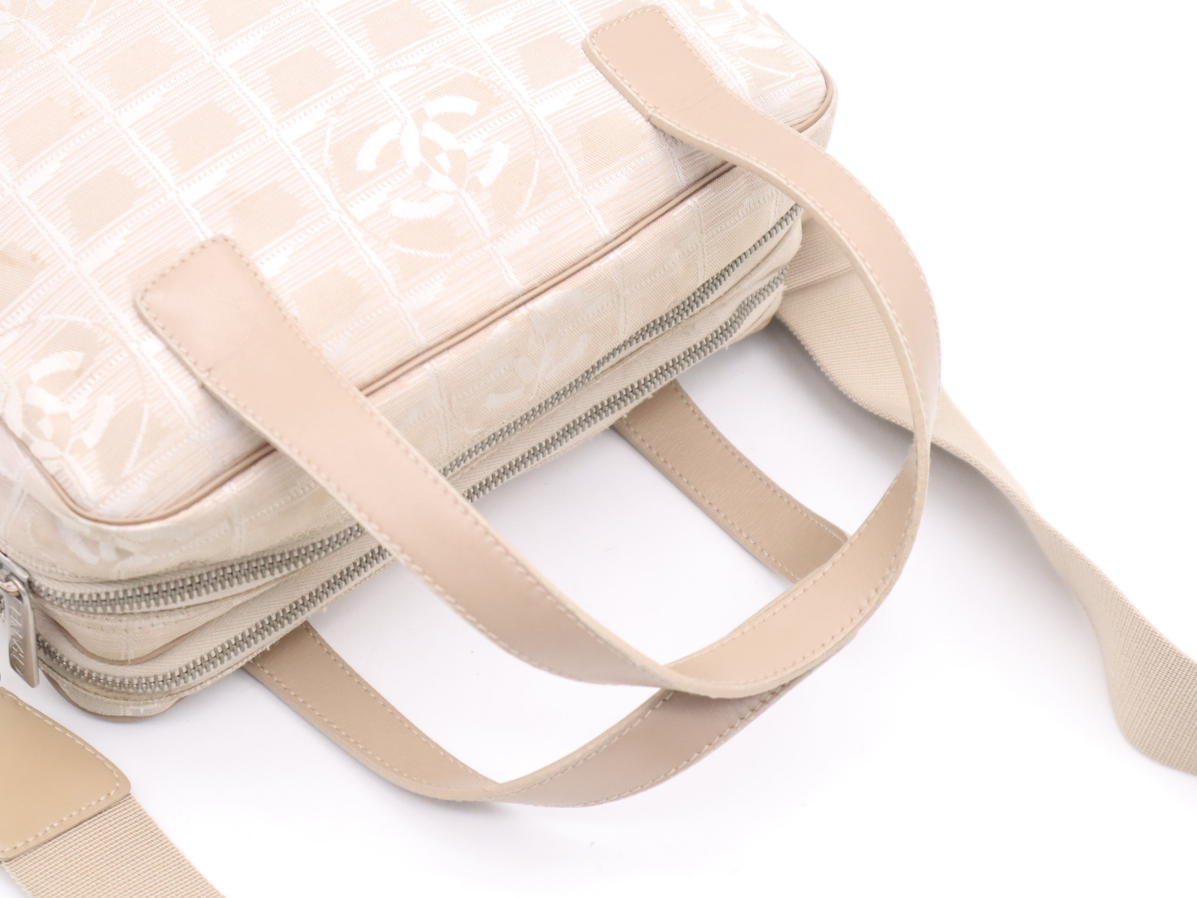 Nylon x Leather New Travel 2-Way Handbag, Beige, Silver Hardware, Shoulder Strap & Seal Included. — view 6