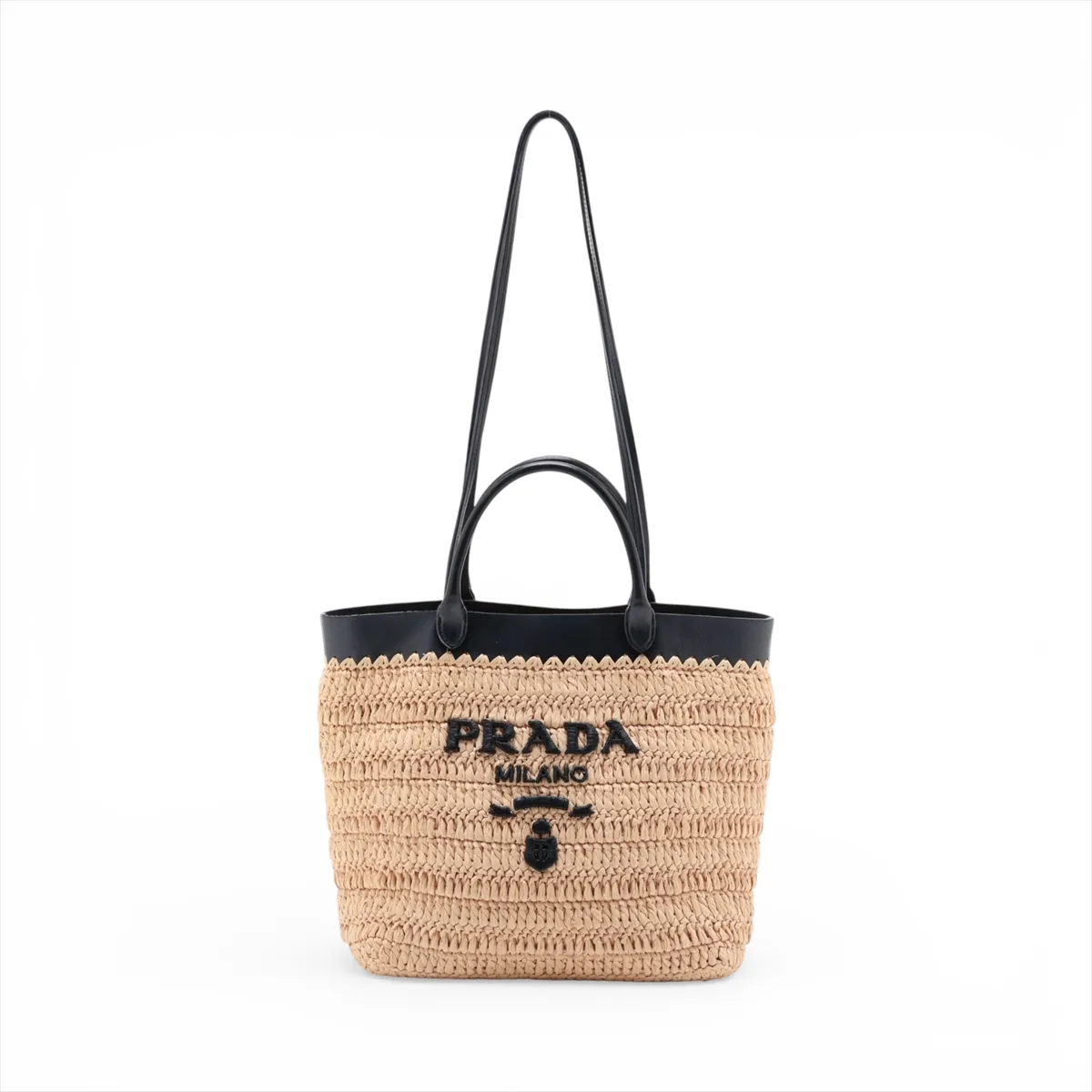 Raffia x Leather 2-Way Handbag, Beige x Black
