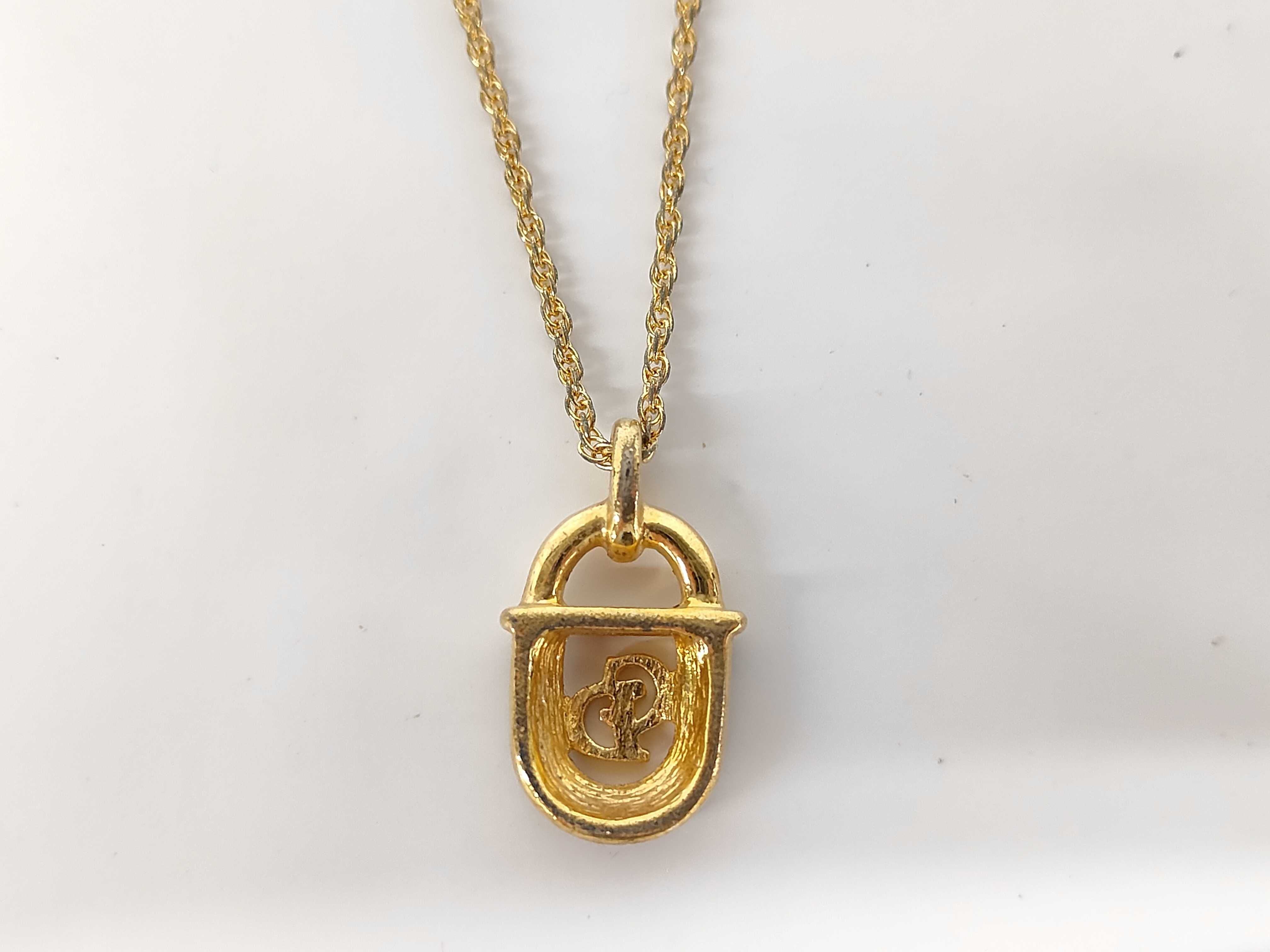 CD logo padlock rhinestone gold necklace — view 2