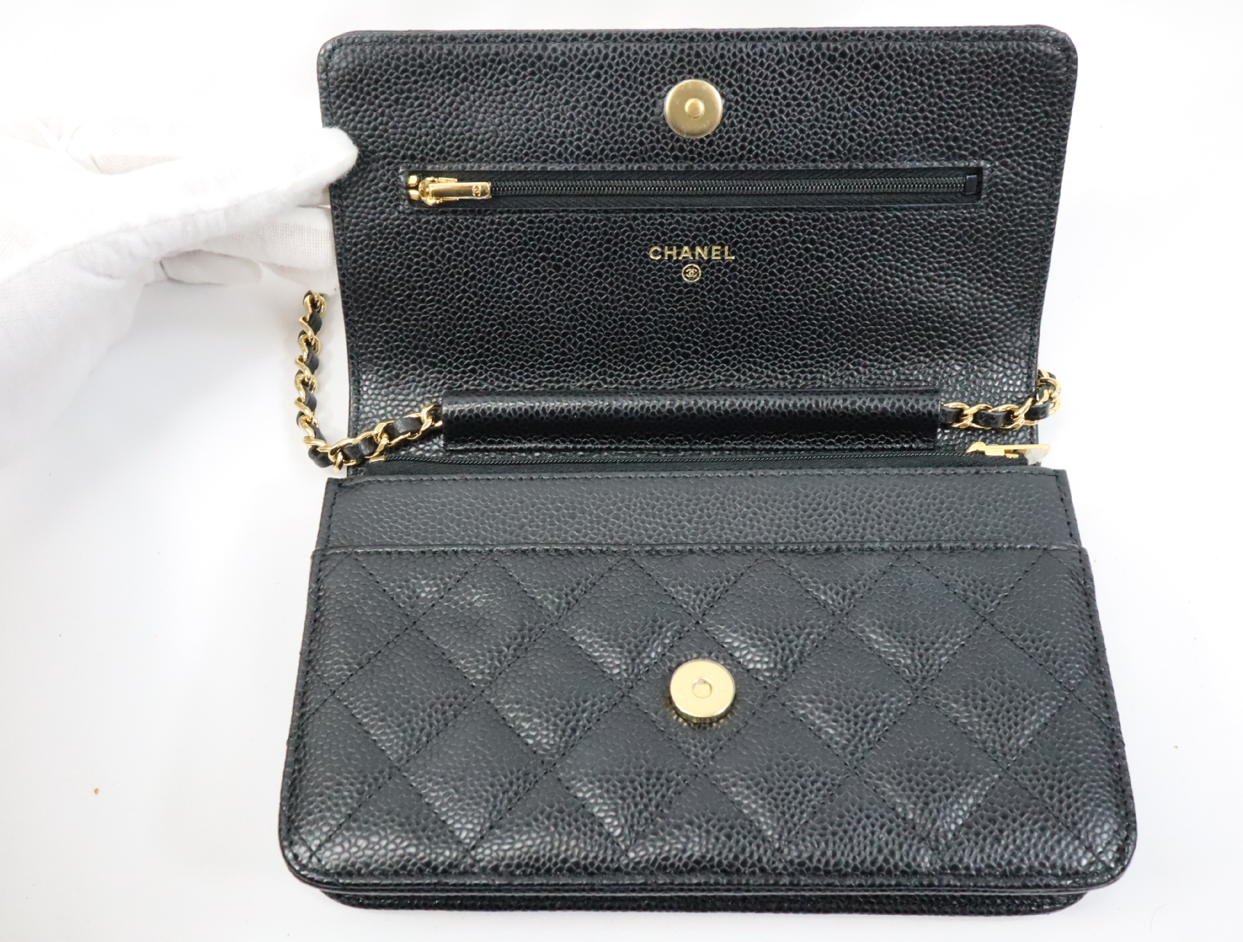 Matelassé Caviar Skin Chain Wallet, Black with Gold Hardware, Serial Number 29 (AP0250), Shoulder Bag — view 12
