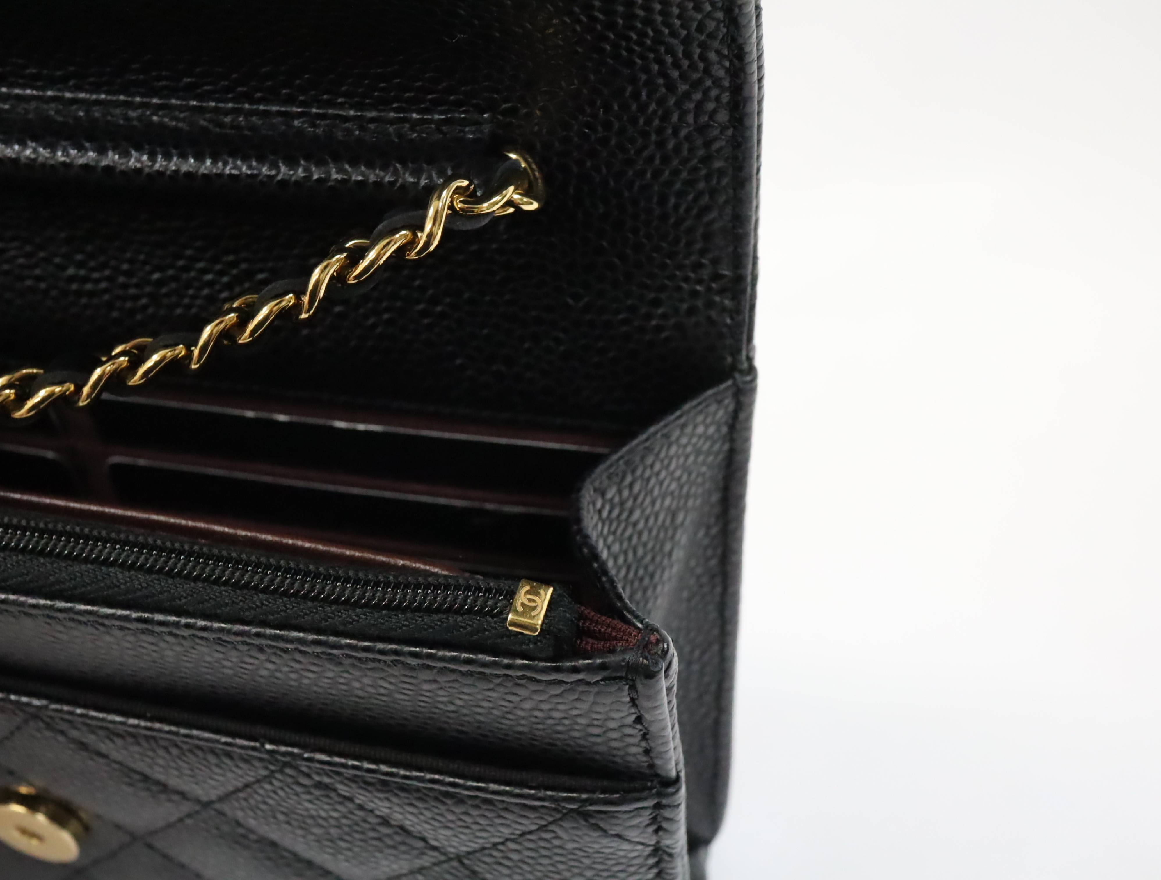 Matelassé Caviar Skin Chain Wallet, Black with Gold Hardware, Serial Number 29 (AP0250), Shoulder Bag — view 14