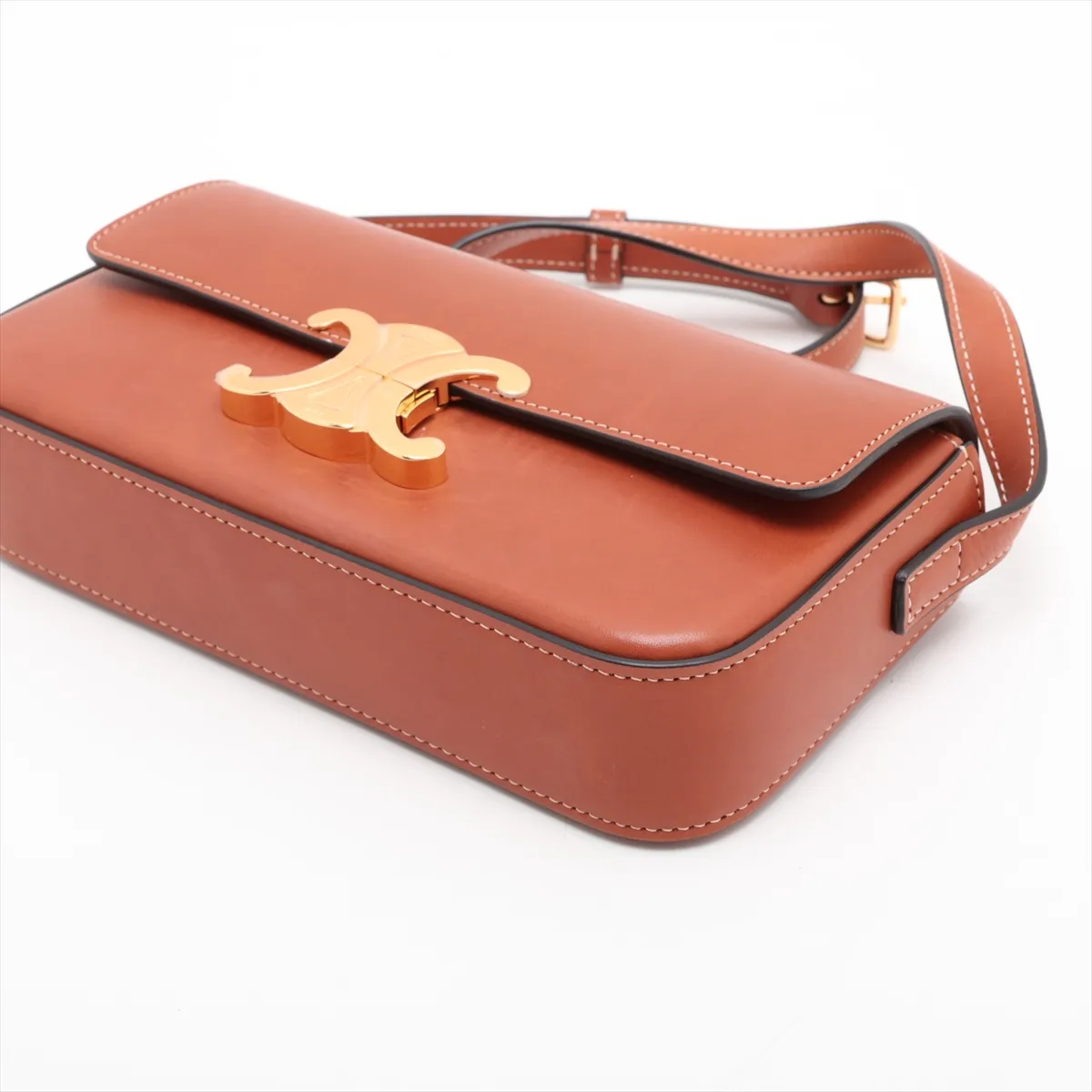 Triomphe Leather Shoulder Bag, Brown — view 3