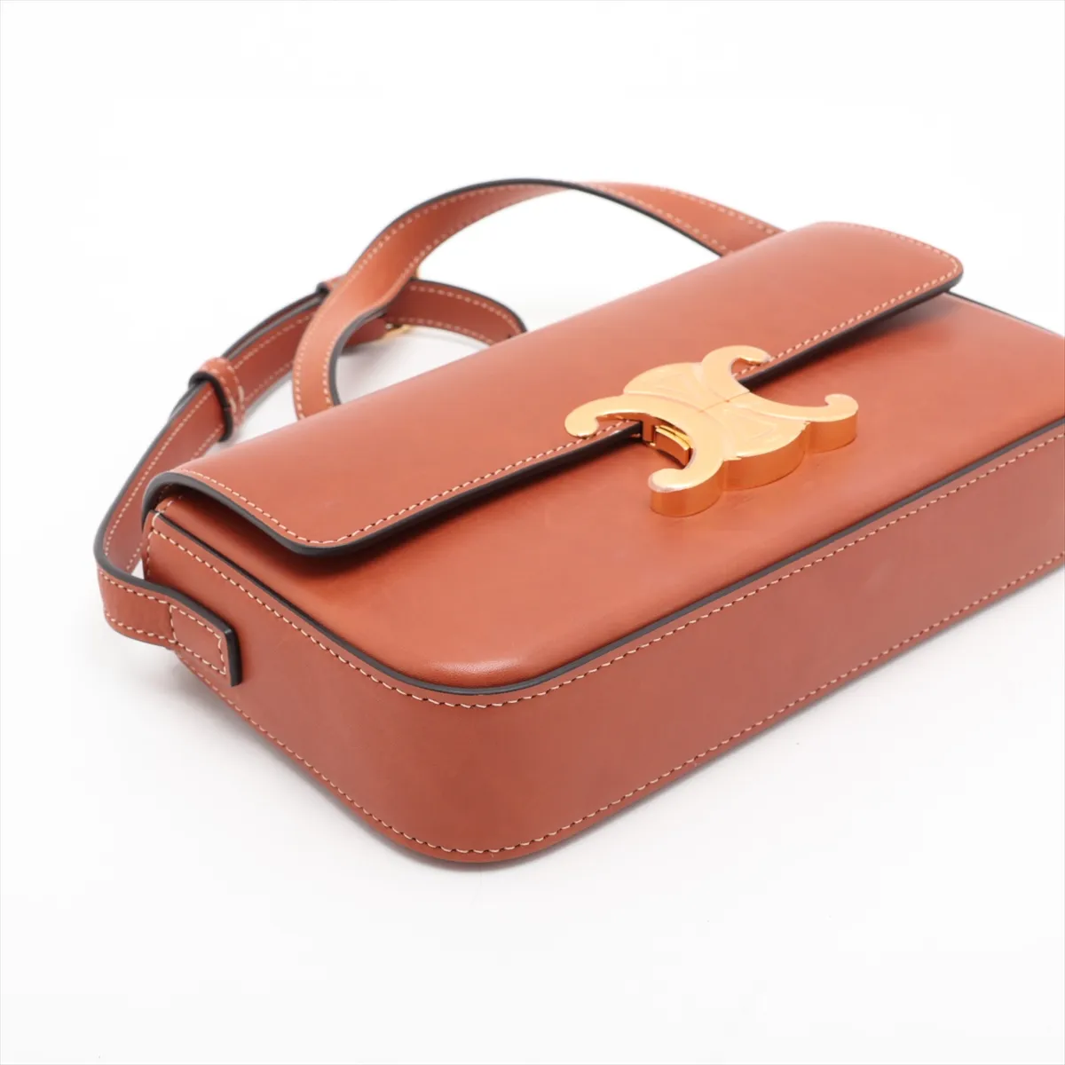 Triomphe Leather Shoulder Bag, Brown — view 4