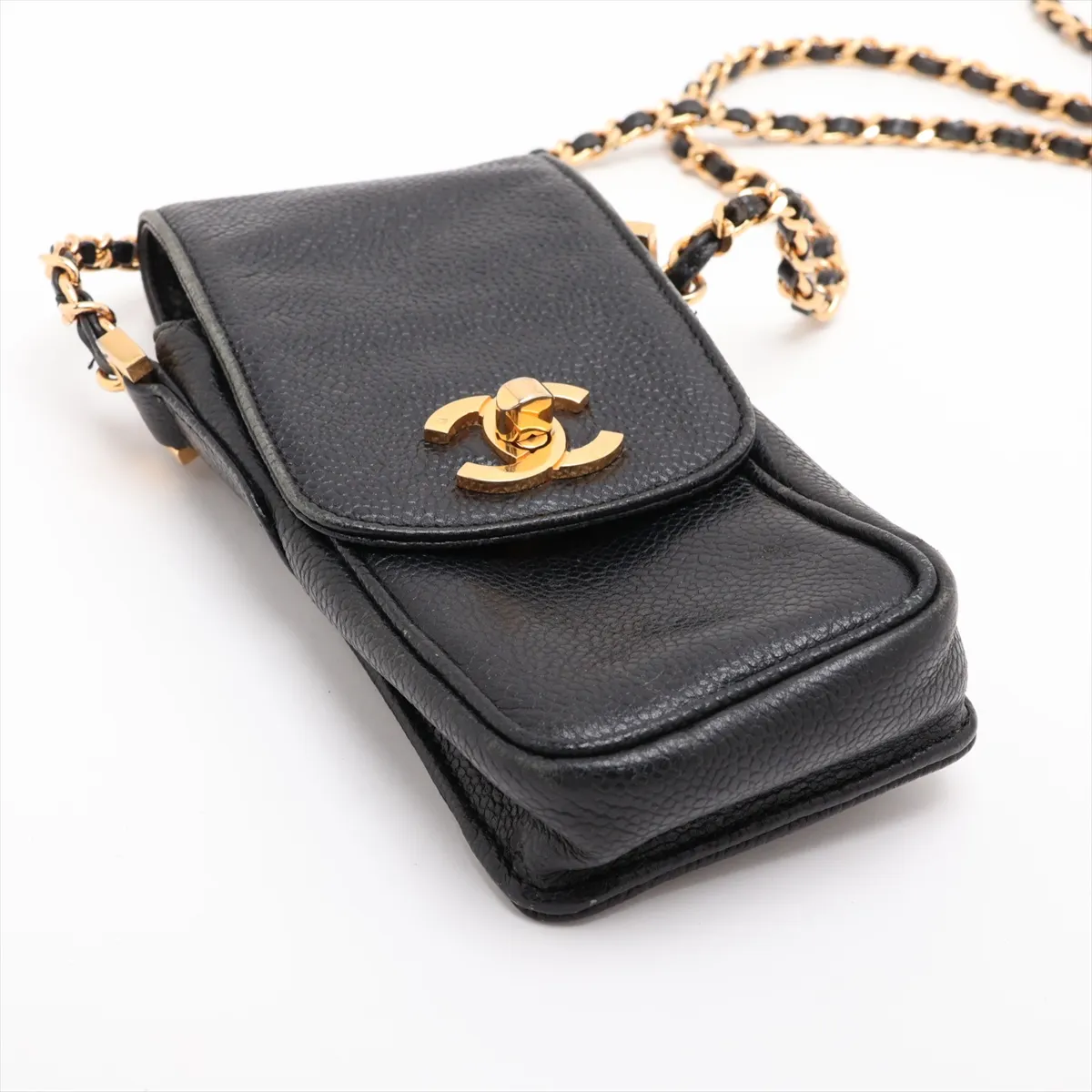 Coco Mark Caviar Skin Chain Shoulder Bag Phone Case Black Gold Hardware — view 3