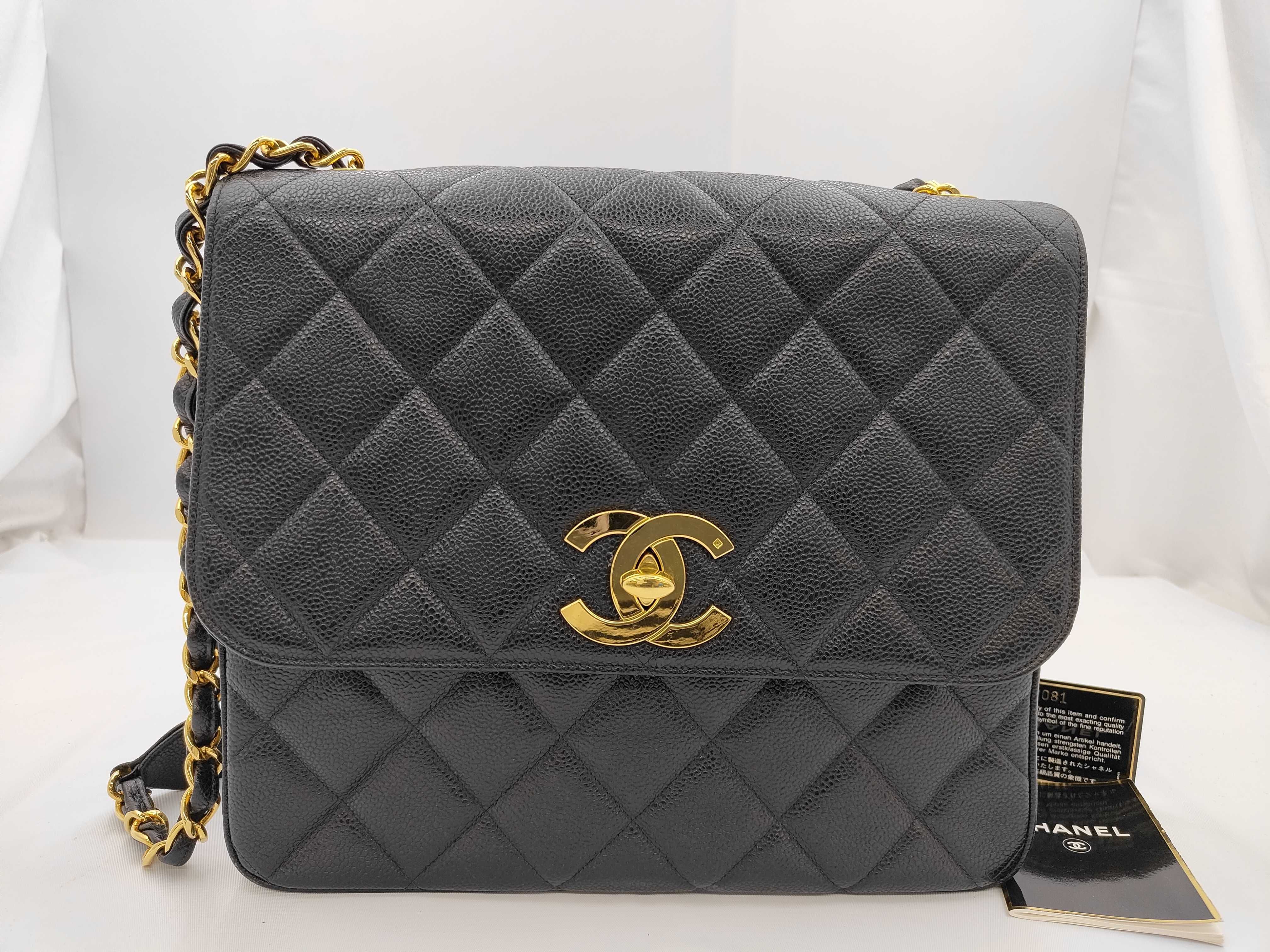 Matelassé Caviar Skin Chain Shoulder Bag, Black with Gold Hardware, 3062081 (Serial Number 3)