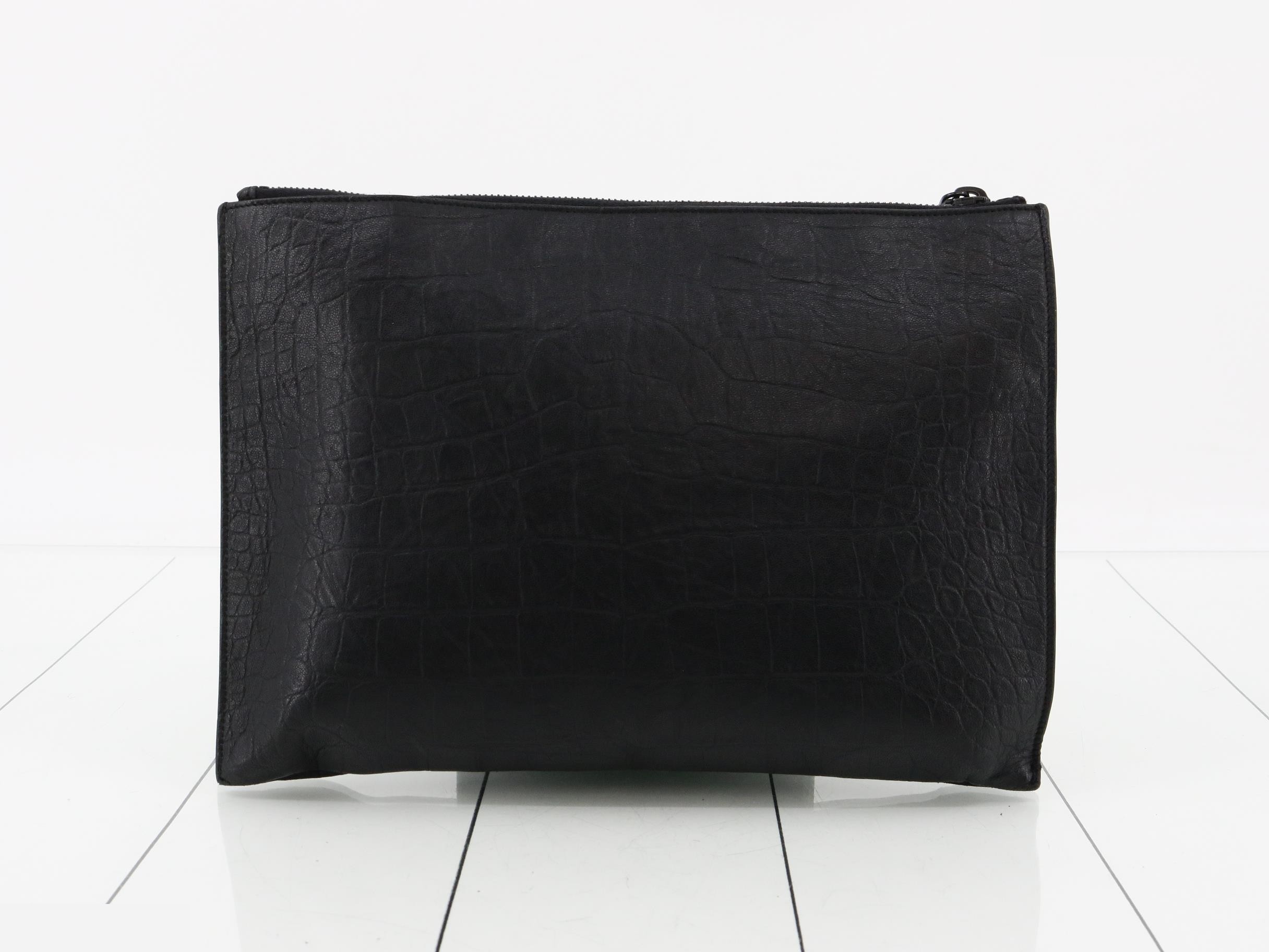 Clutch Bag, Embossed Crocodile Leather, Black — view 2