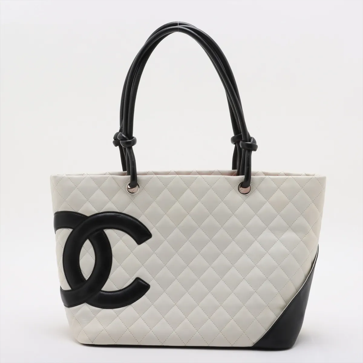 Cambon Line Lambskin Tote Bag White x Black Silver Hardware