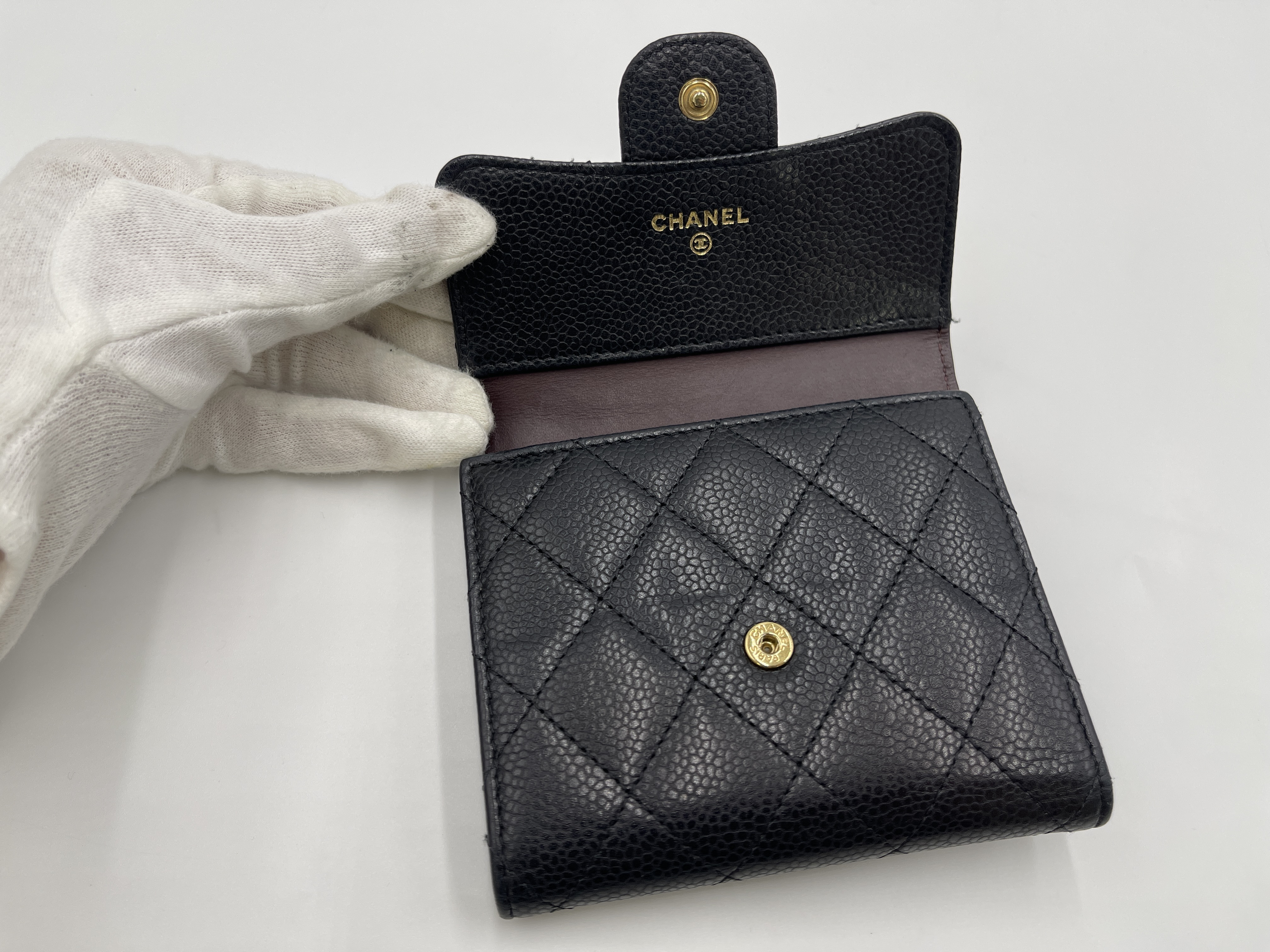 Matelassé Caviar Skin Compact Wallet, Black with Gold Hardware, 21882157 (Wallet) — view 3