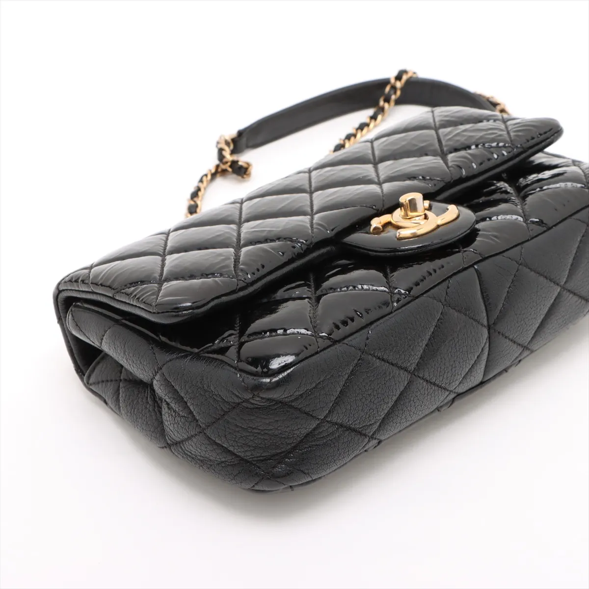 Matelasse patent leather x leather single flap double chain bag black gold hardware 21319232 21s — view 4
