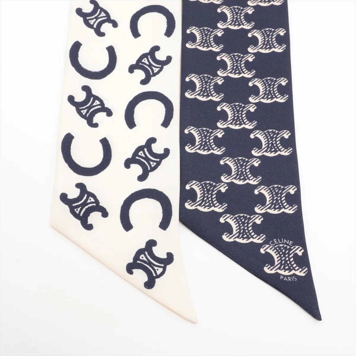 silk scarf, navy x khaki. Some wear, snags, — view 2