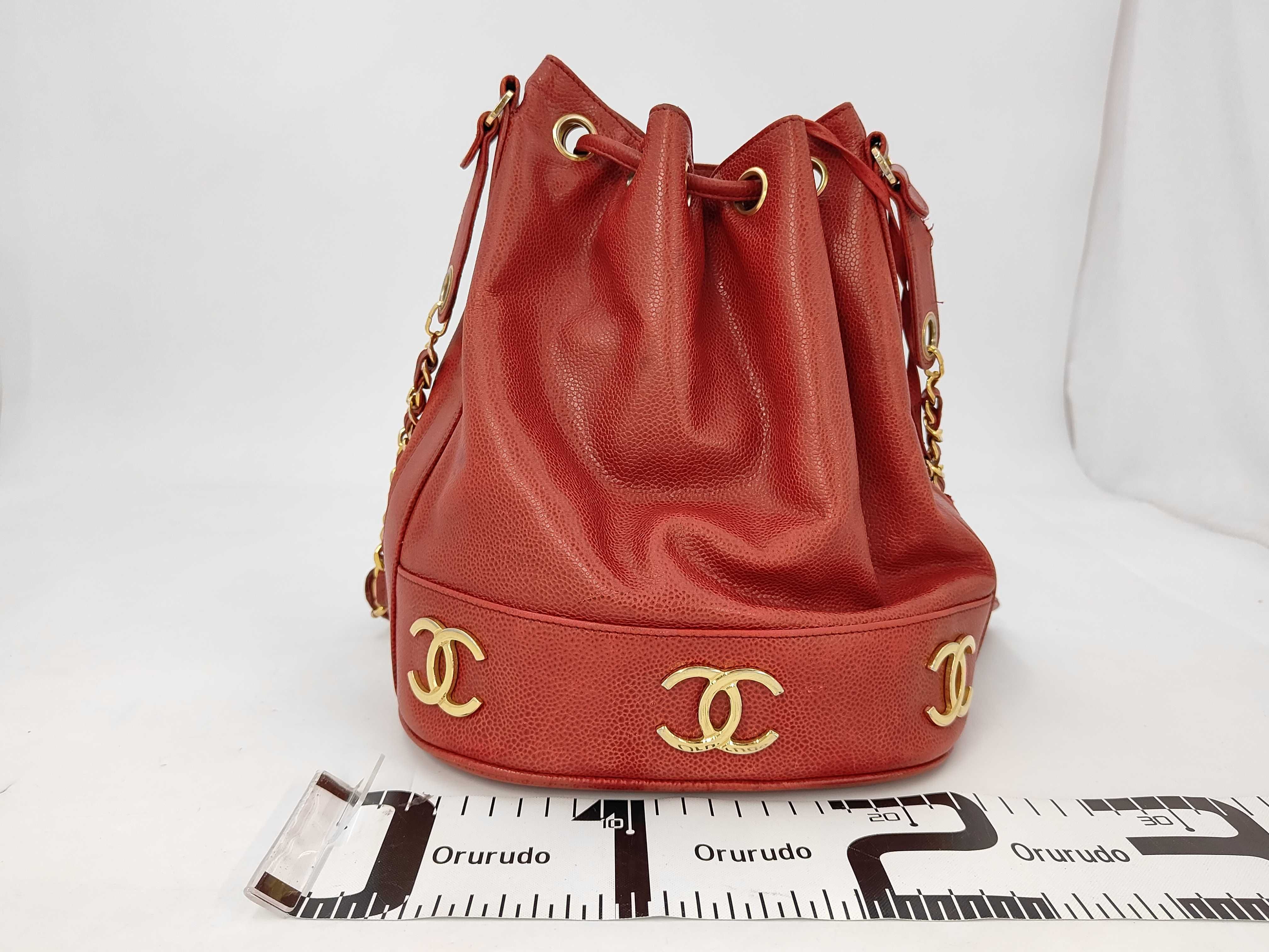 Drawstring Bag Triple Coco Caviar Skin Red with Seal Shoulder Bag — view 2