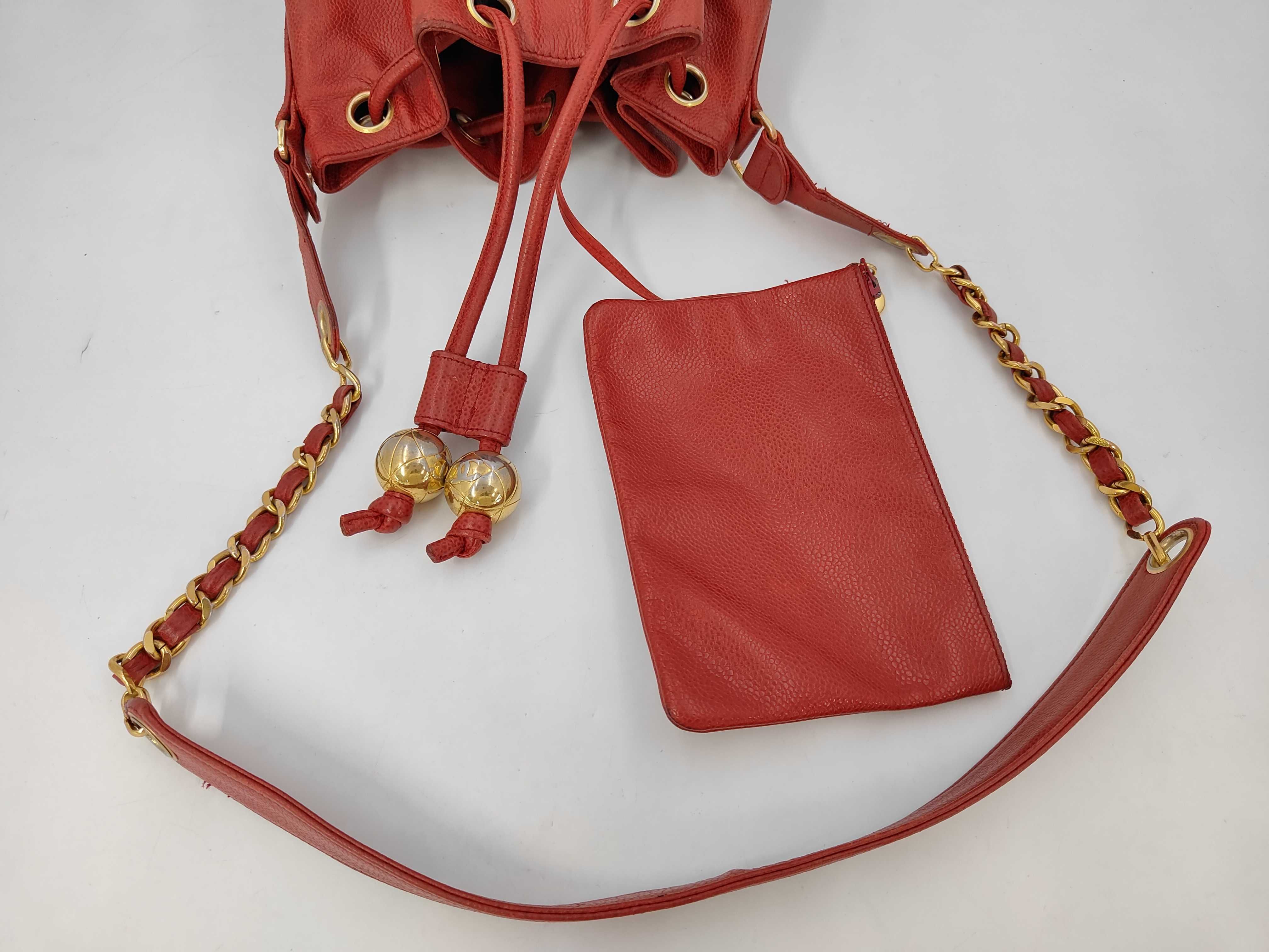 Drawstring Bag Triple Coco Caviar Skin Red with Seal Shoulder Bag — view 5