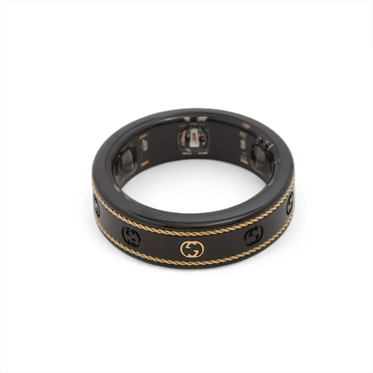 x Aura Interlocking G Ring, Size 12, Titanium, Black x Gold,