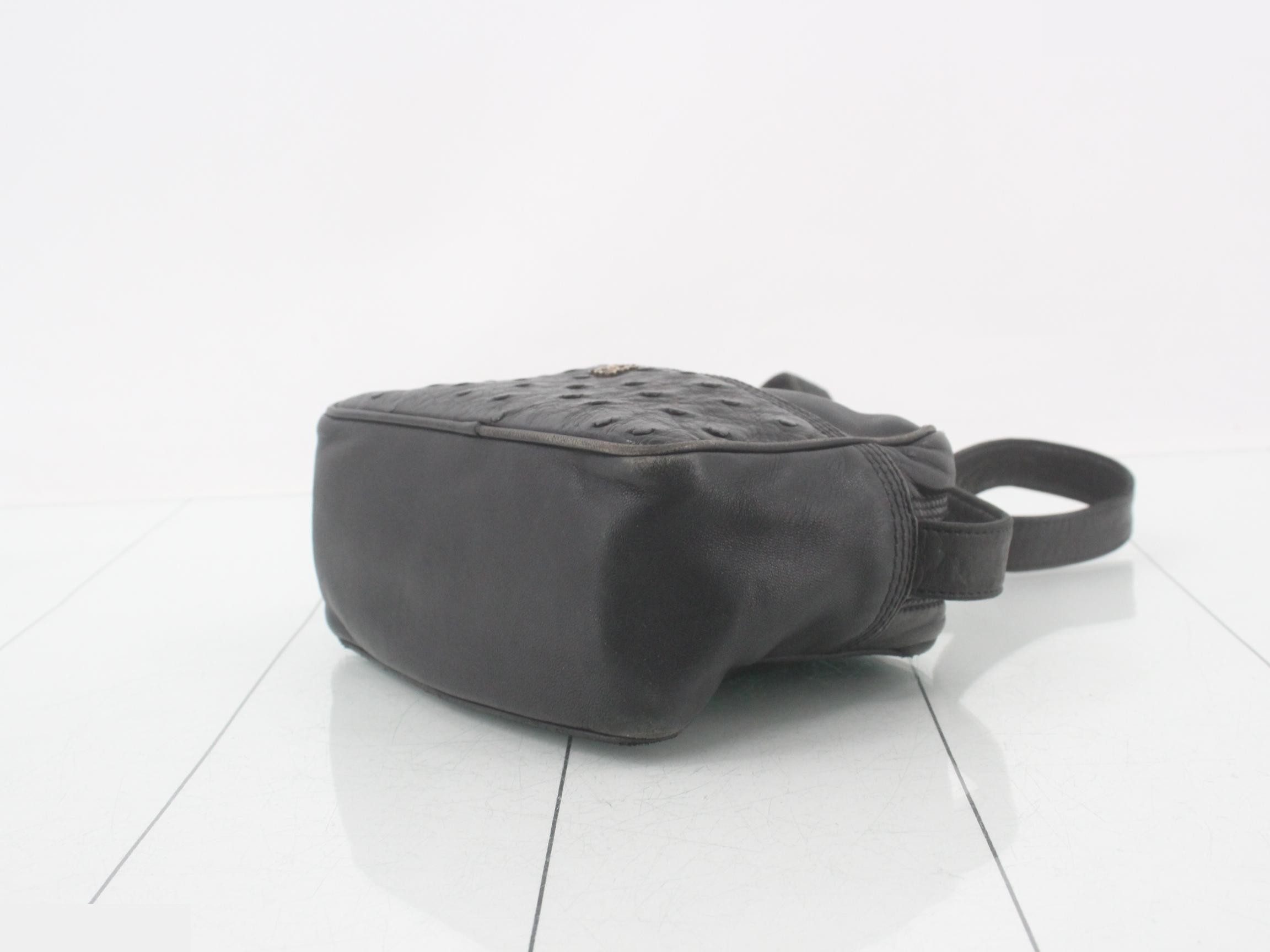 Ostrich Leather Shoulder Bag, Black — view 6