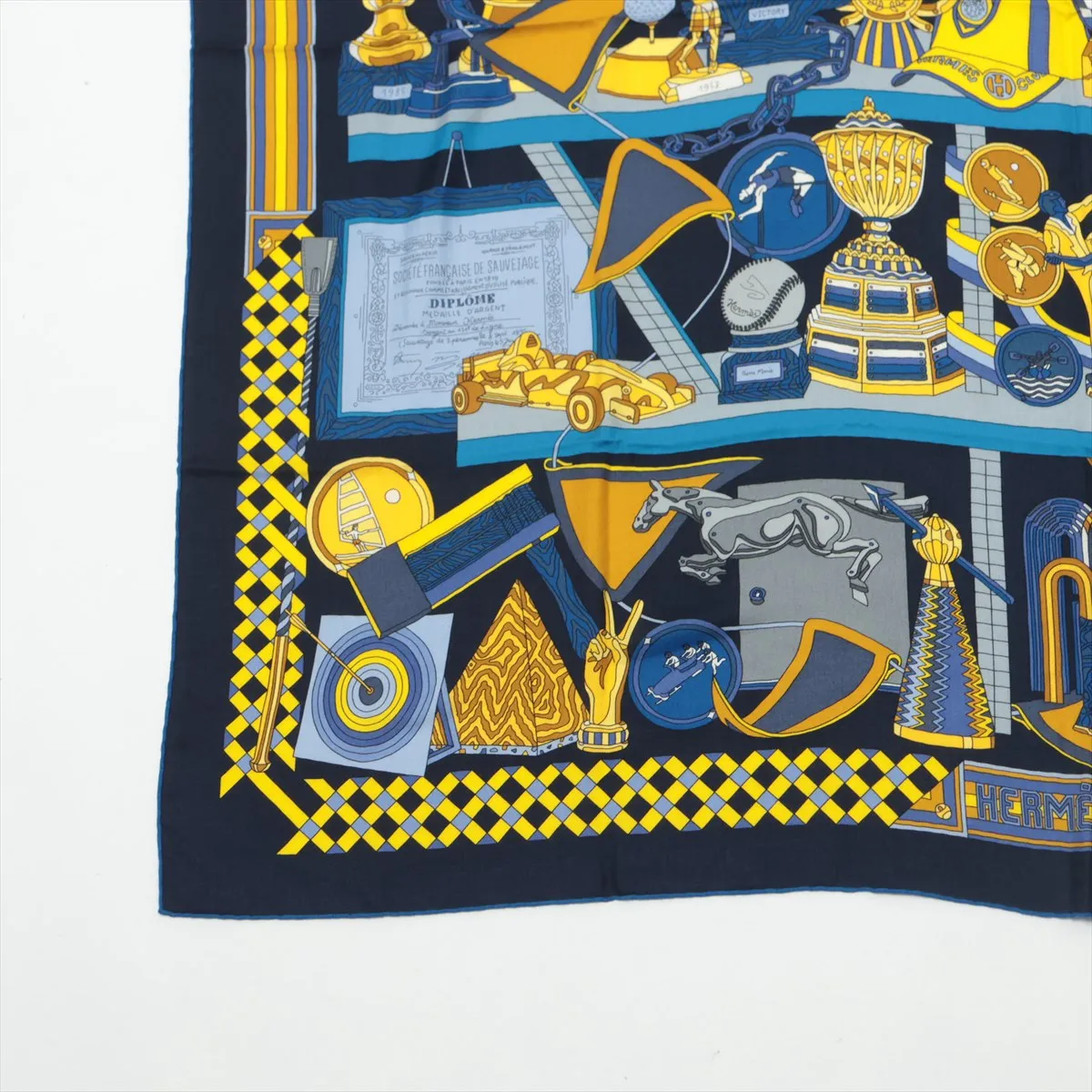 Carre 140 LES TROPHEES Trophy Stole Cashmere x Silk Marine Thread Fuzz Paper tag included Jean — view 5