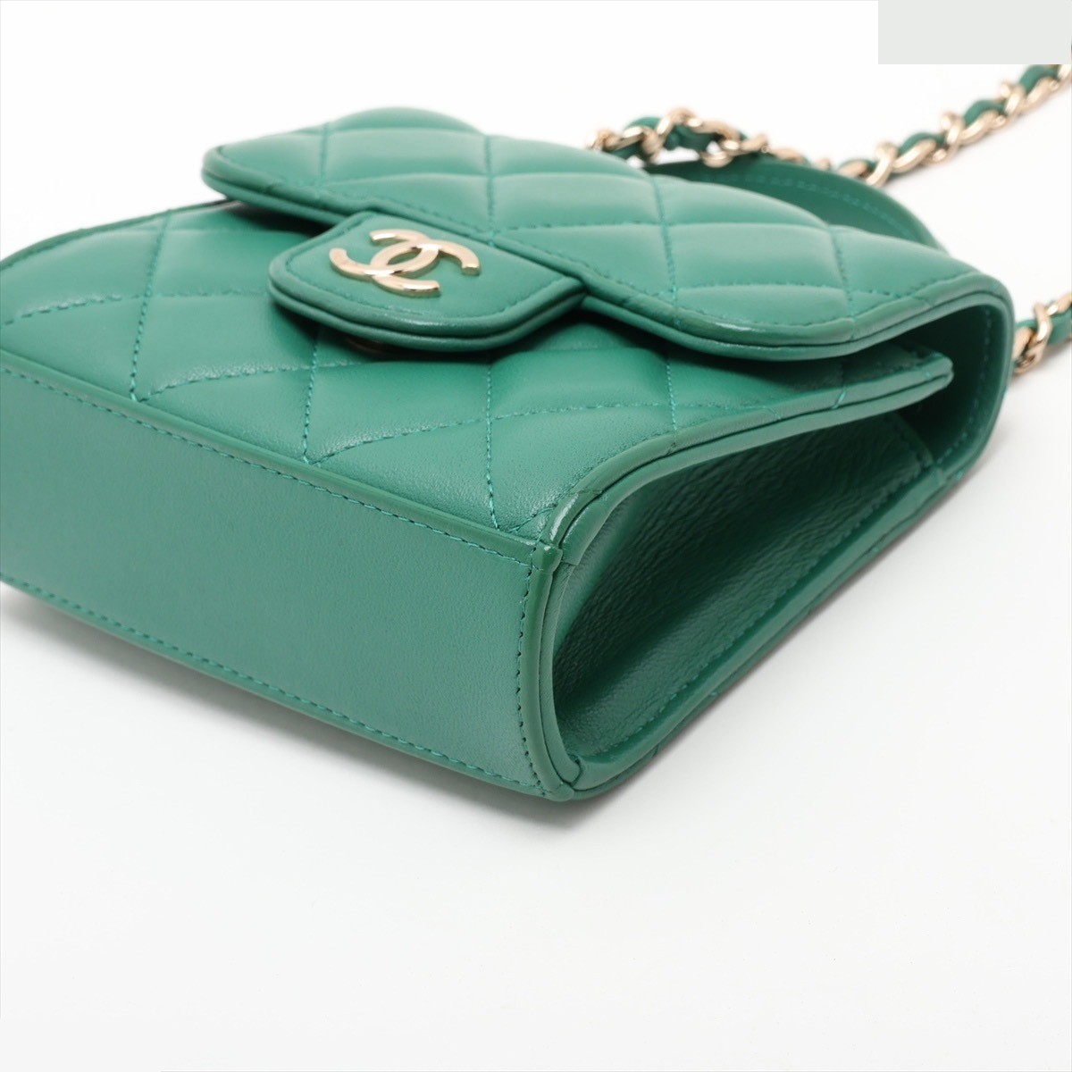 Matelassé Lambskin 2-Way Handbag, Green, Gold Hardware — view 3