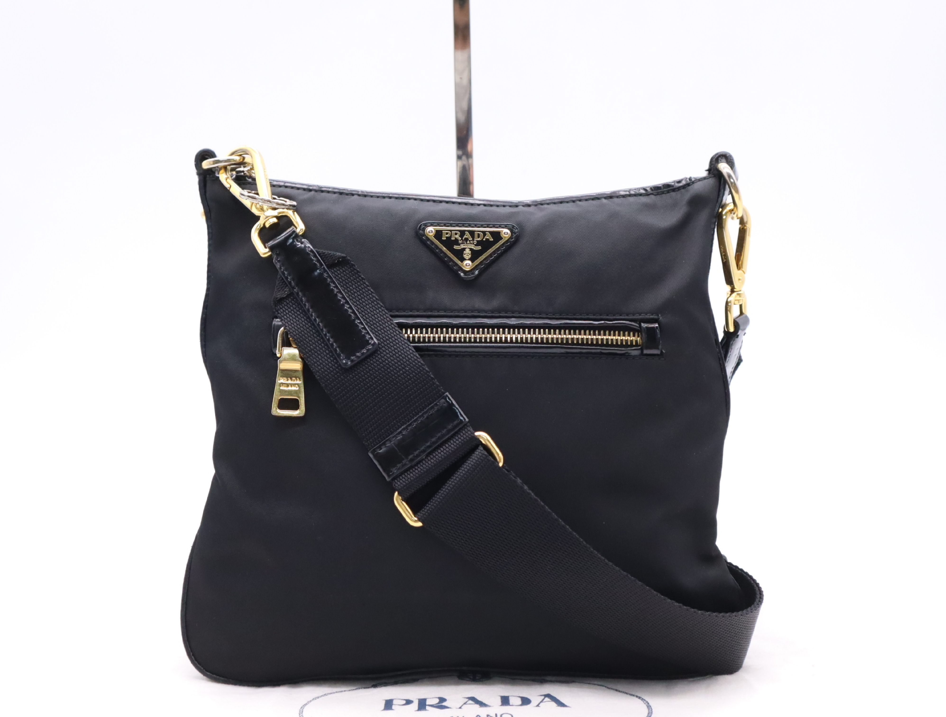BT0711 Nylon Triangle Logo Shoulder Bag with Dust Bag, Black, Gold Hardware