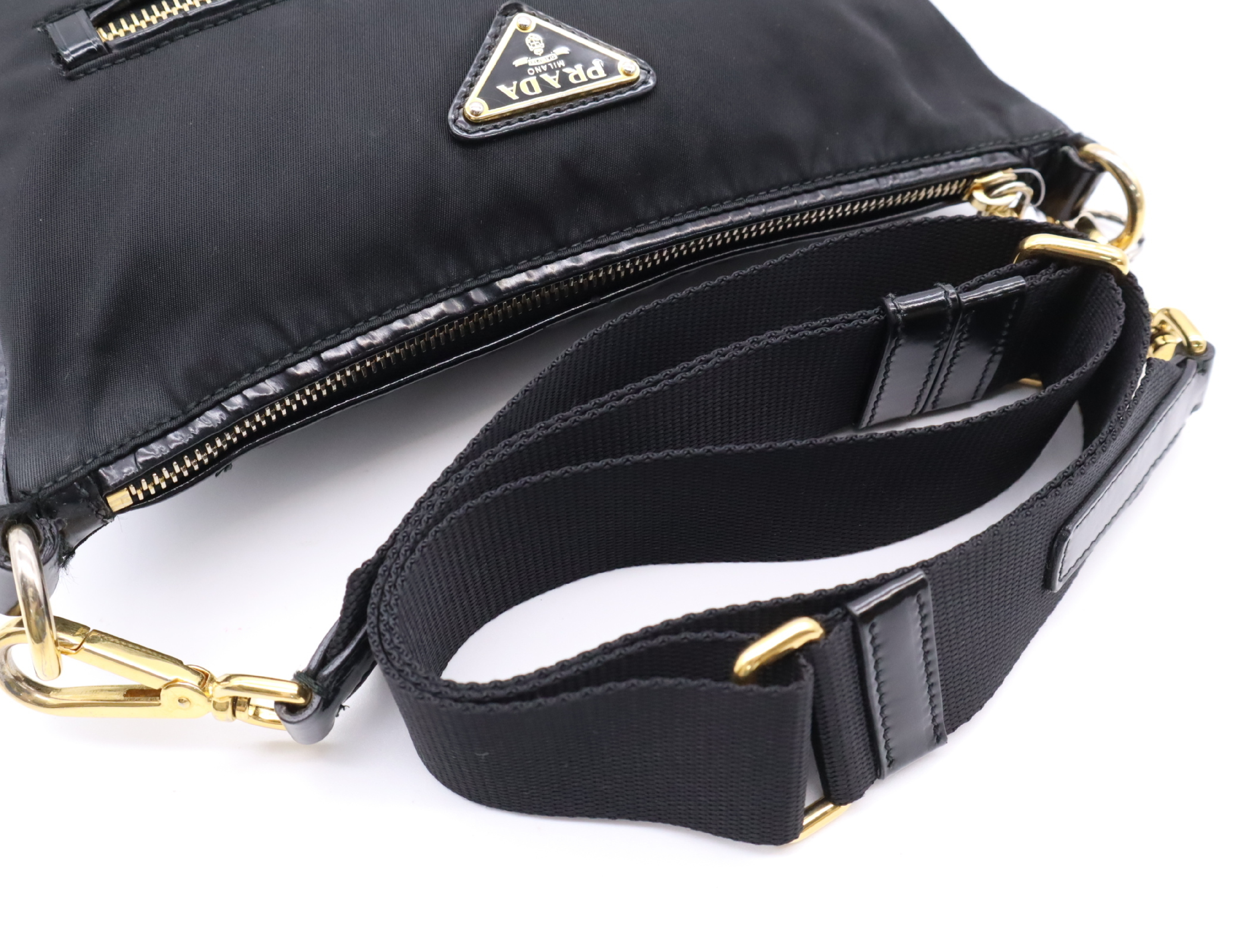 BT0711 Nylon Triangle Logo Shoulder Bag with Dust Bag, Black, Gold Hardware — view 10