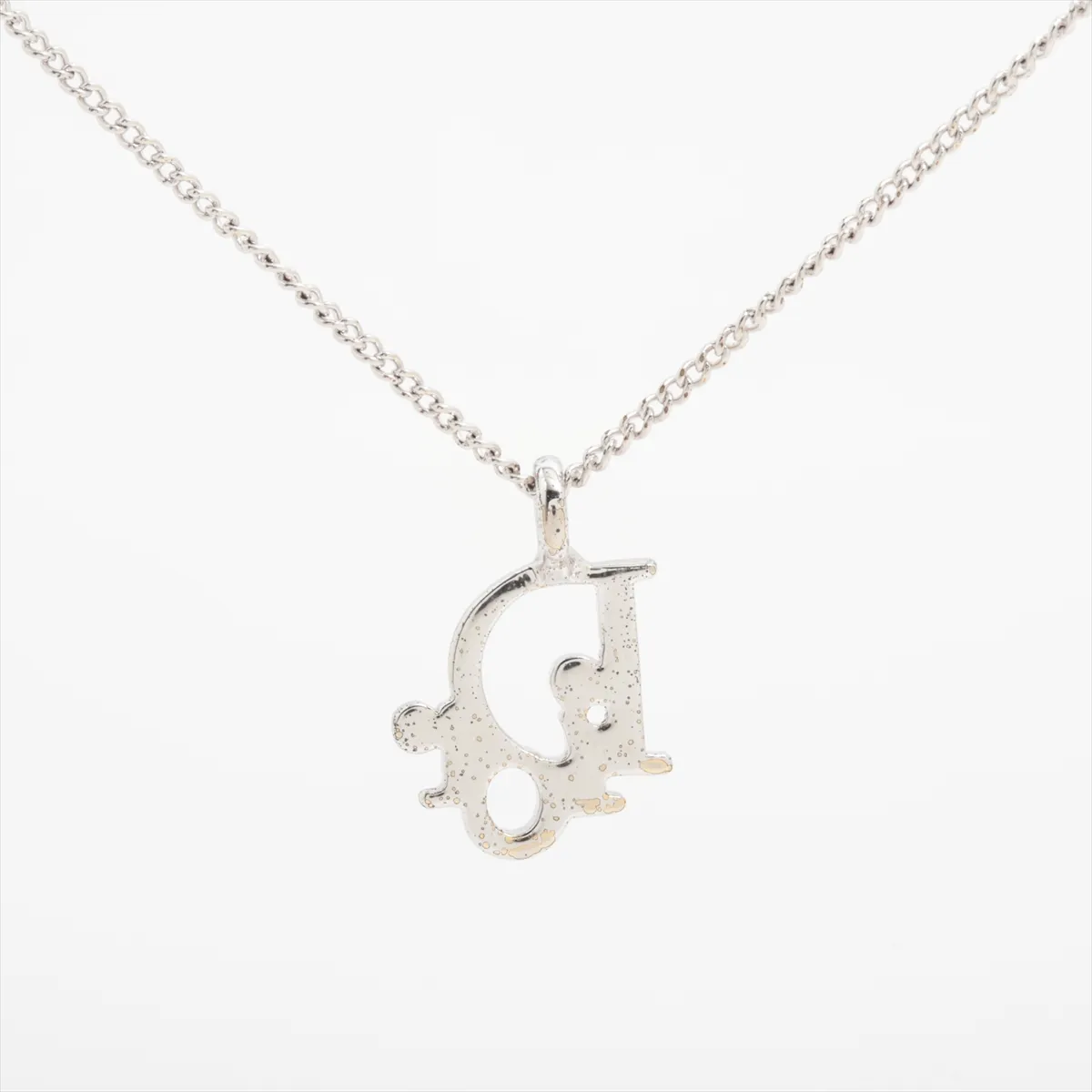 logo necklace, metal, silver. Shows signs of wear, including dents, — view 2