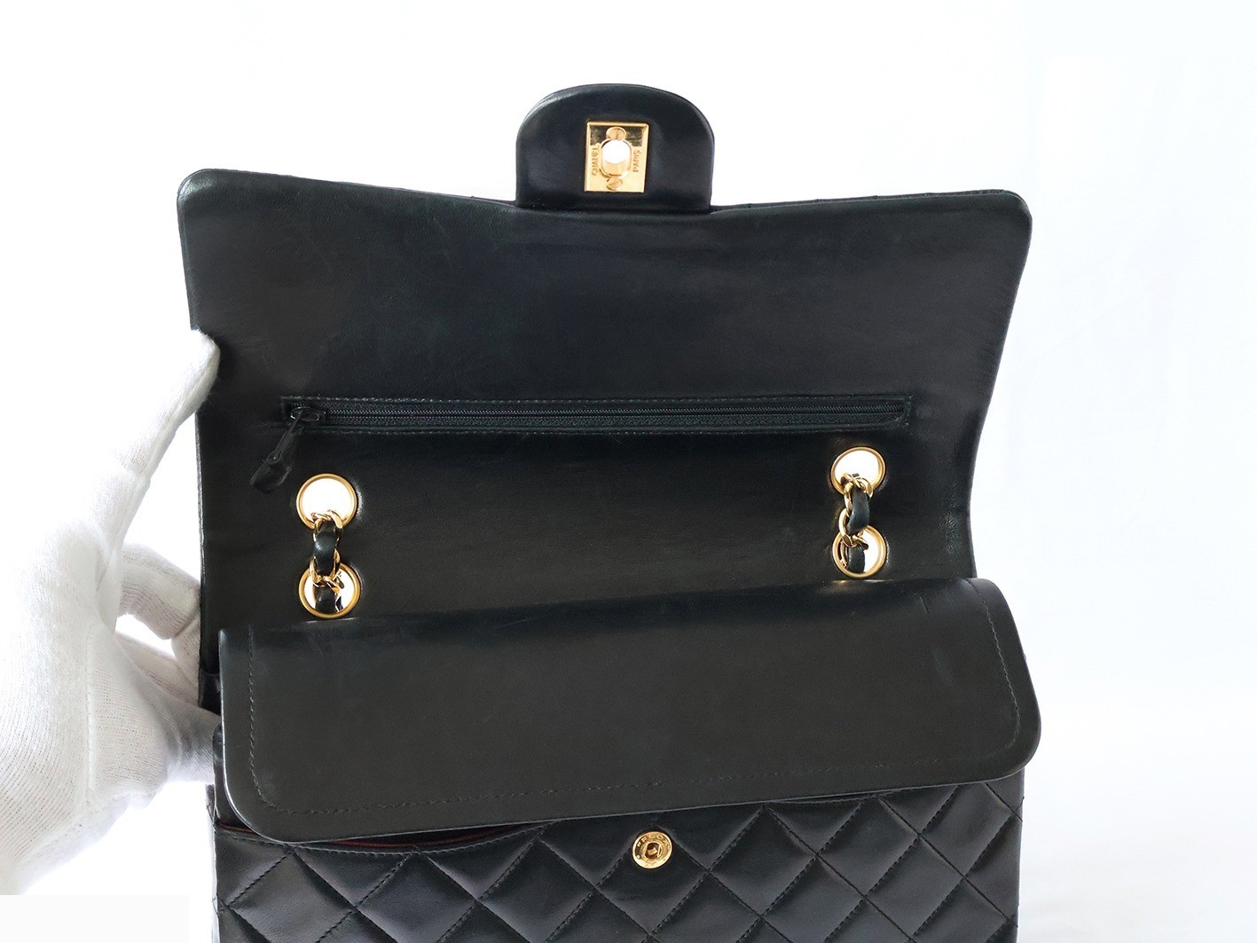 Matelassé 25 Lambskin Double Flap Double Chain Shoulder Bag, Black — view 10