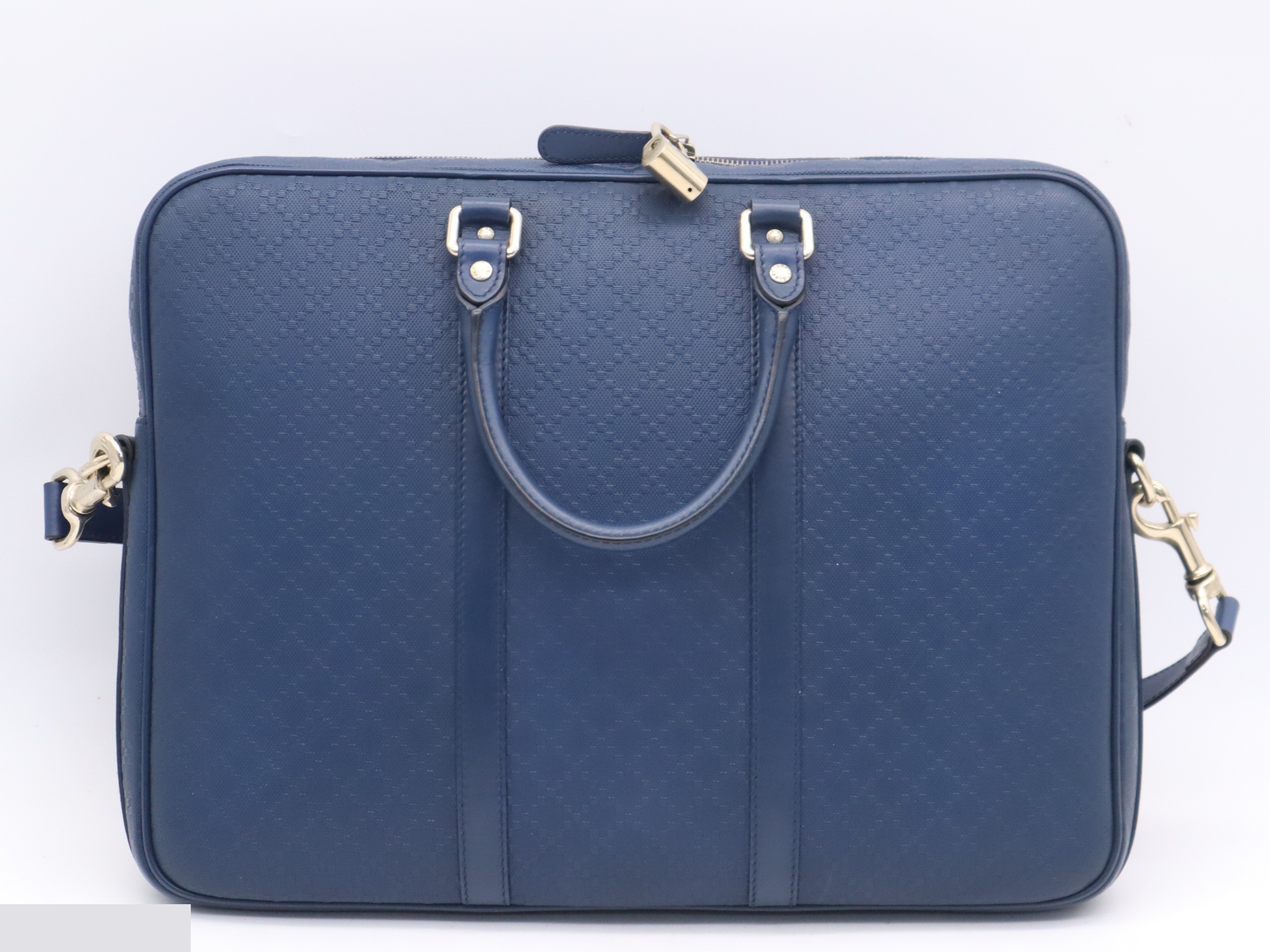 Leather Diamante pattern handbag, navy, gold hardware, shoulder strap. — view 2