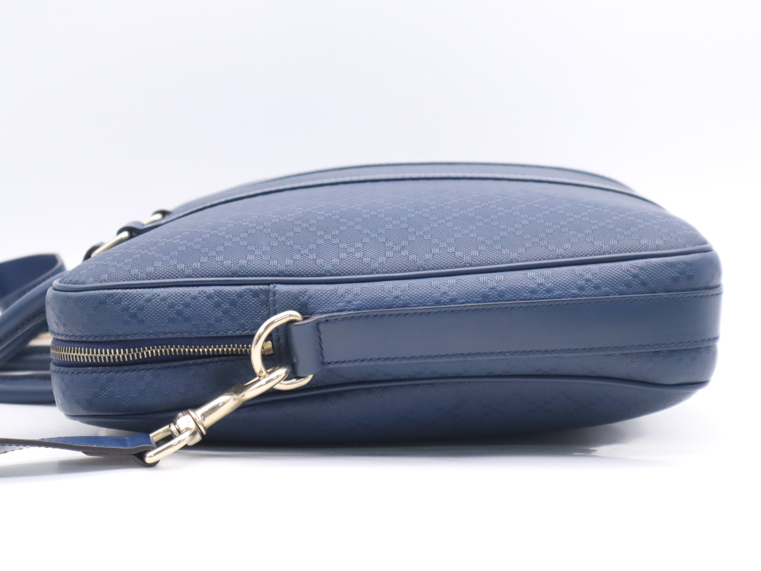 Leather Diamante pattern handbag, navy, gold hardware, shoulder strap. — view 3