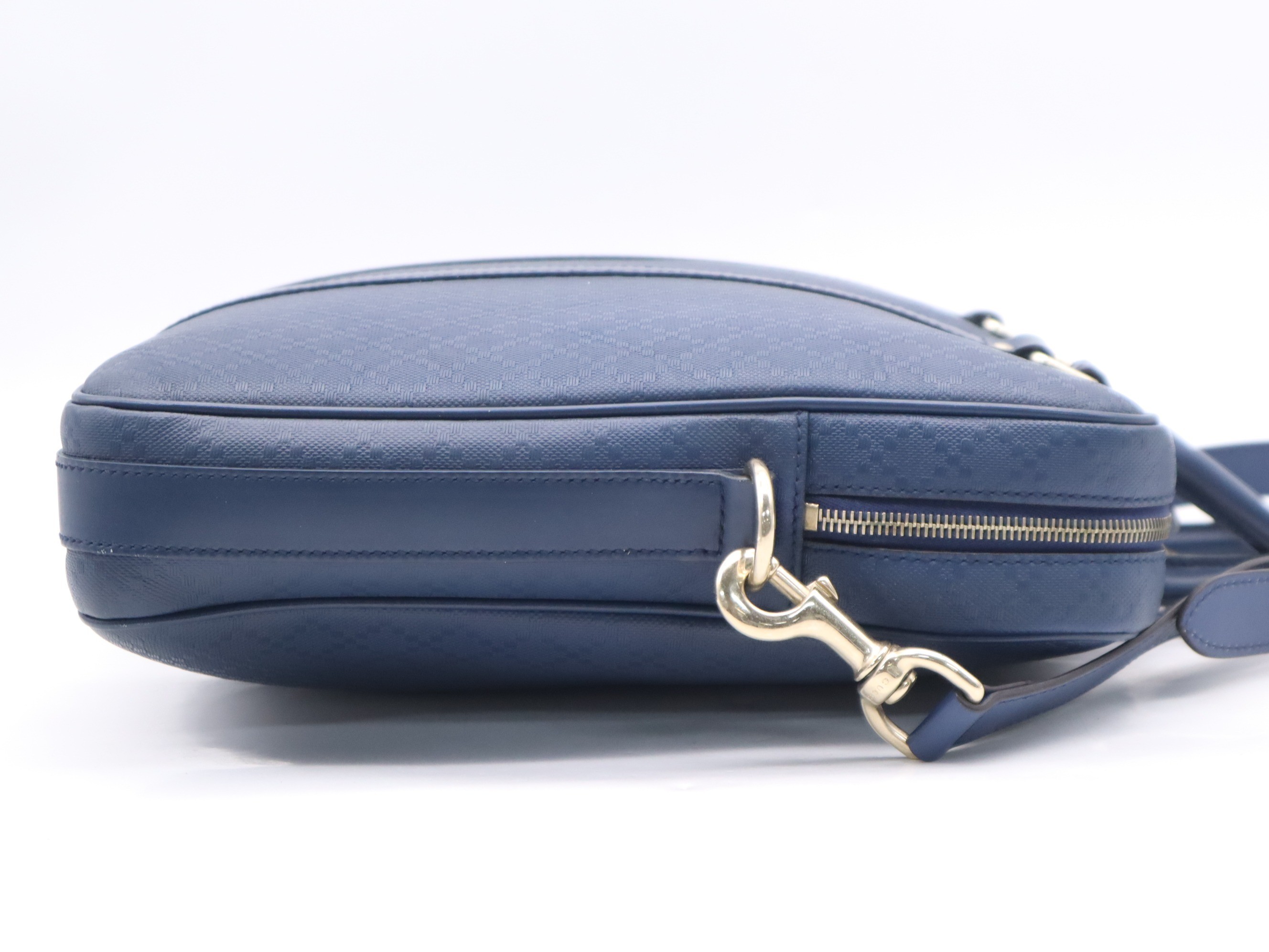 Leather Diamante pattern handbag, navy, gold hardware, shoulder strap. — view 5