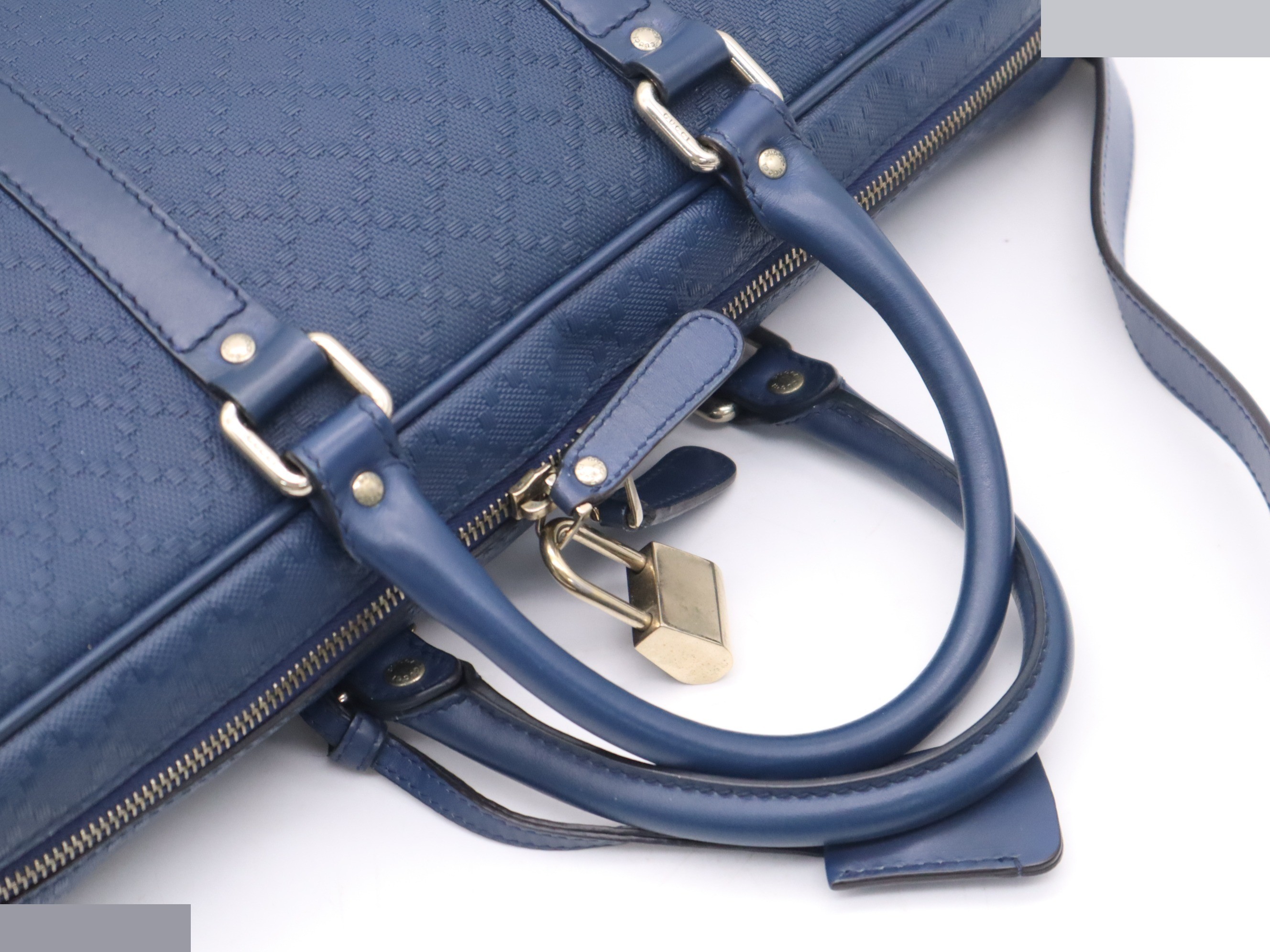 Leather Diamante pattern handbag, navy, gold hardware, shoulder strap. — view 6