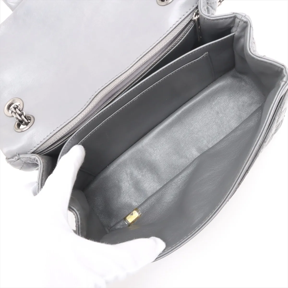 Matelassé 2.55 Vintage Calf Single Flap Double Chain Bag, Gray with Gunmetal Hardware, 12398262, Serial Number 12 — view 6