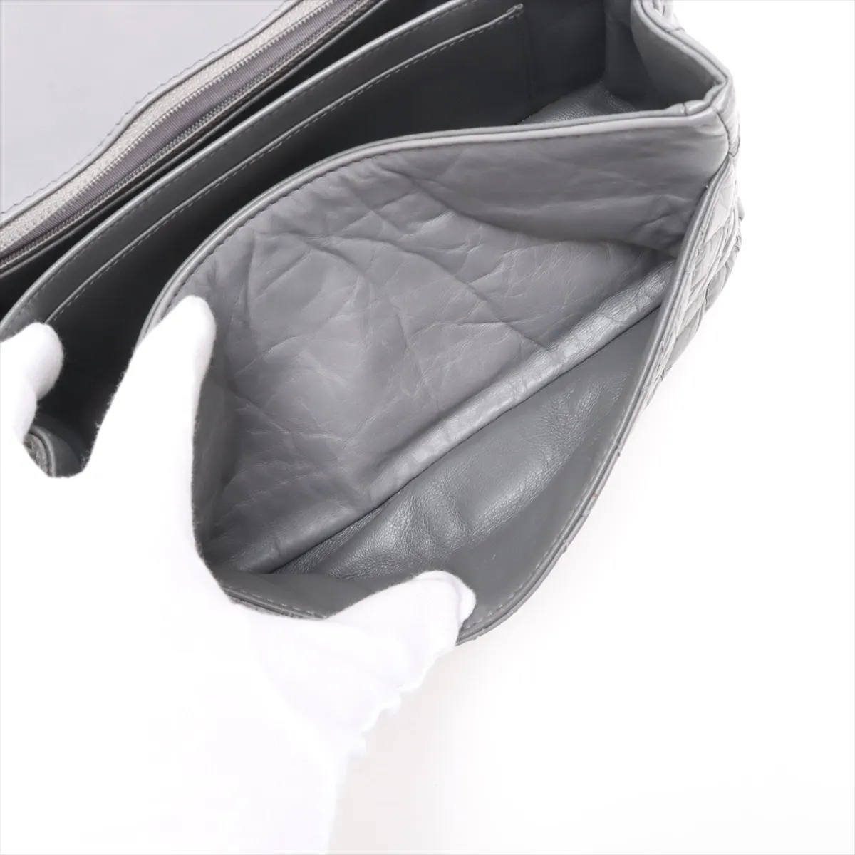Matelassé 2.55 Vintage Calf Single Flap Double Chain Bag, Gray with Gunmetal Hardware, 12398262, Serial Number 12 — view 7
