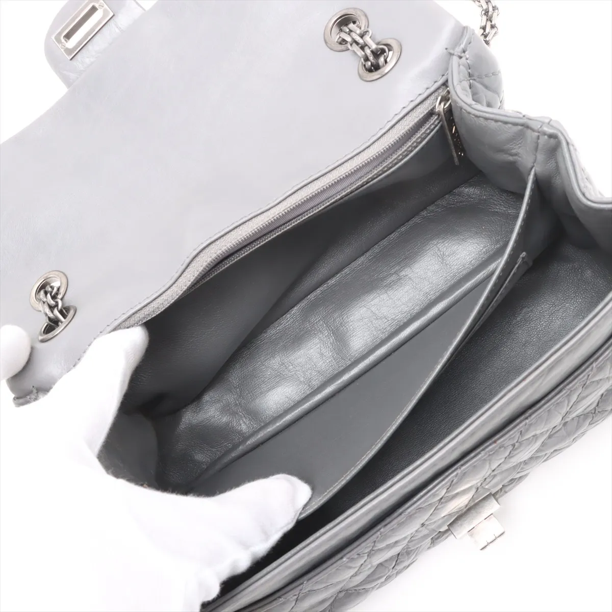Matelassé 2.55 Vintage Calf Single Flap Double Chain Bag, Gray with Gunmetal Hardware, 12398262, Serial Number 12 — view 8