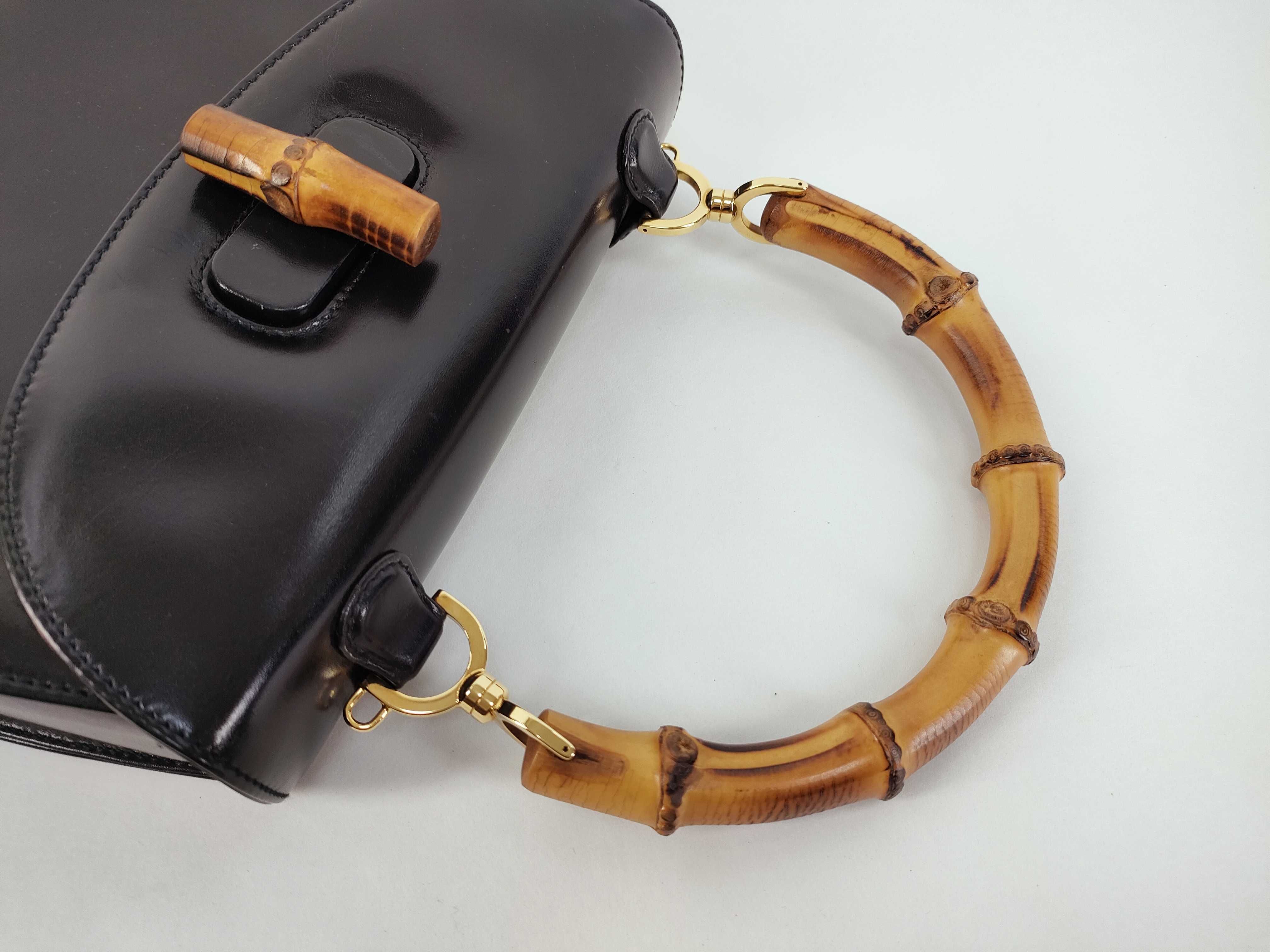 Bamboo Handle 2-Way Leather Handbag, Black — view 3