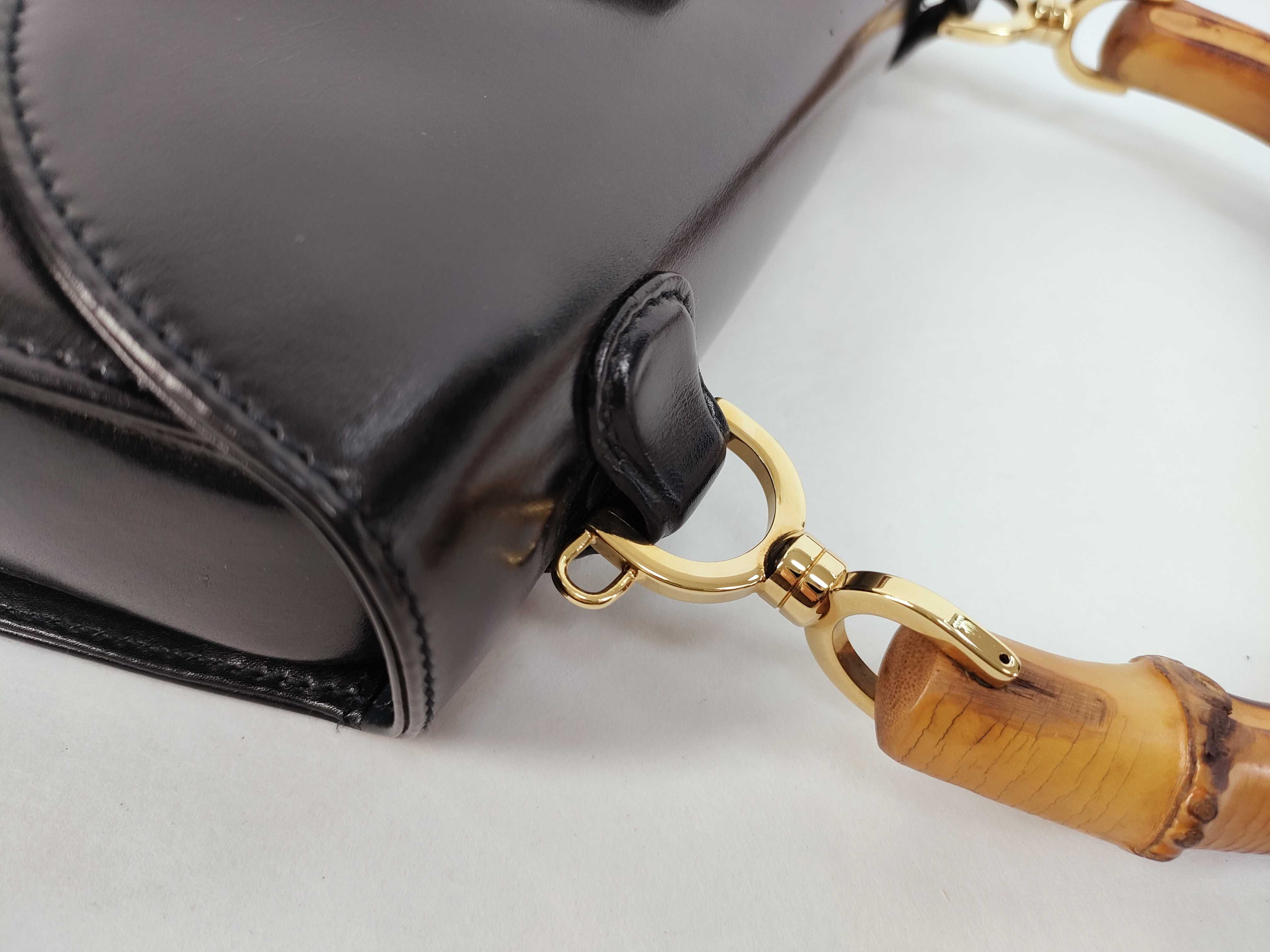 Bamboo Handle 2-Way Leather Handbag, Black — view 5